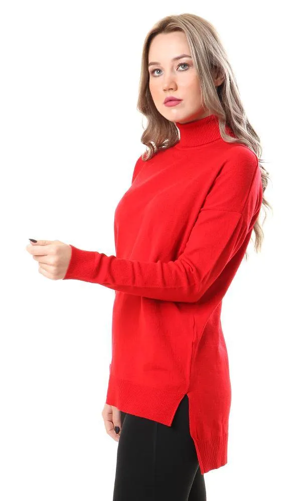 93985 Basic Long Sleeves High-Low Red Pullover