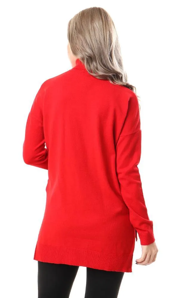 93985 Basic Long Sleeves High-Low Red Pullover