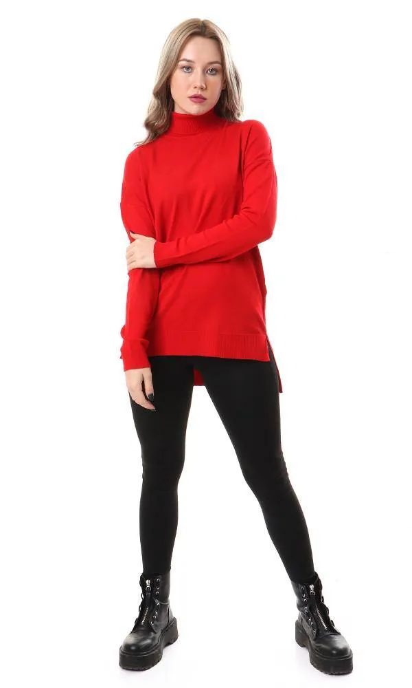 93985 Basic Long Sleeves High-Low Red Pullover