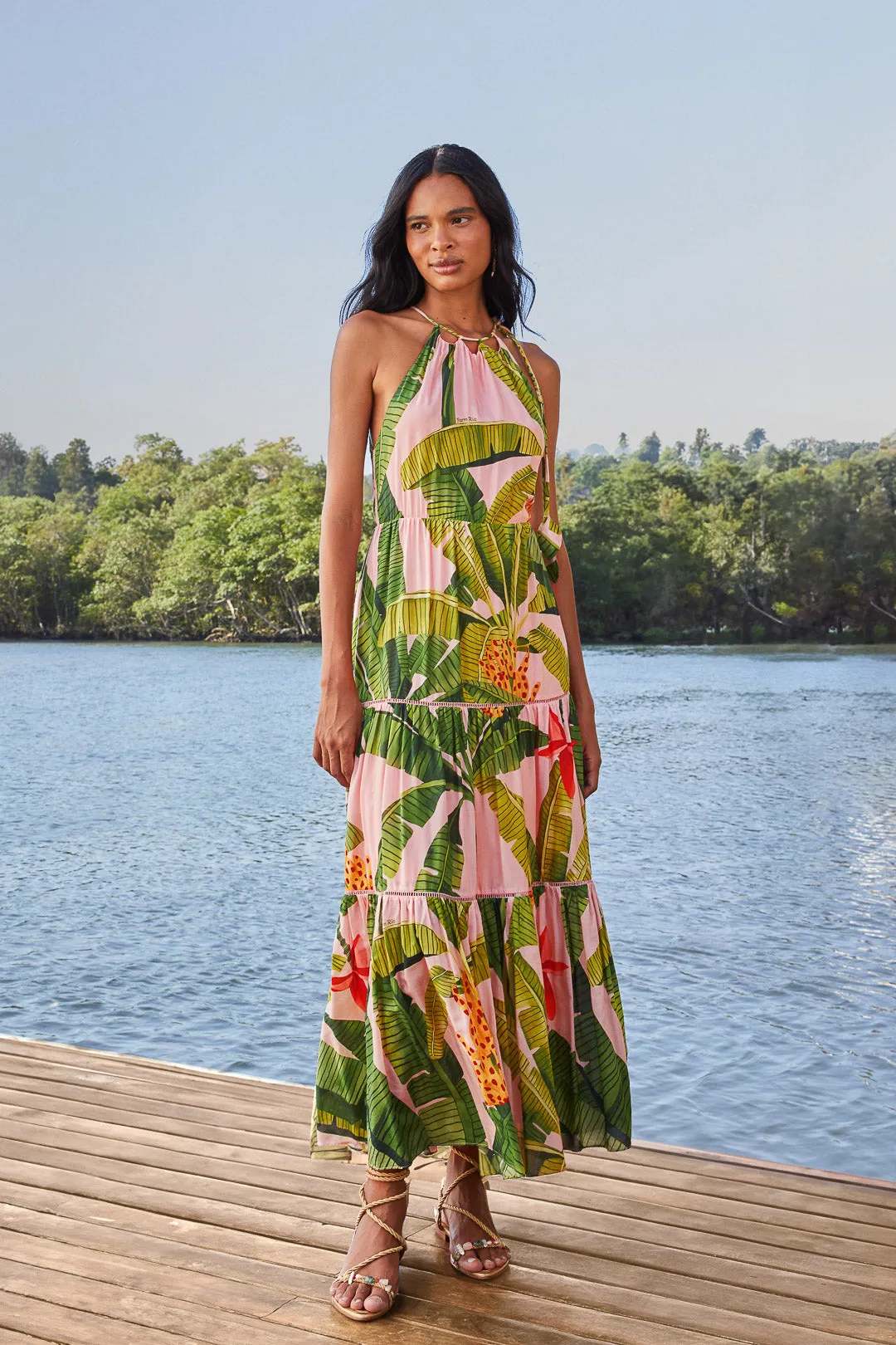 Banana Leaves Pink Sleeveless Maxi Dress