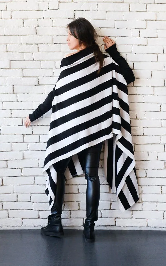 Black and White Stripe Asymmetric Tunic