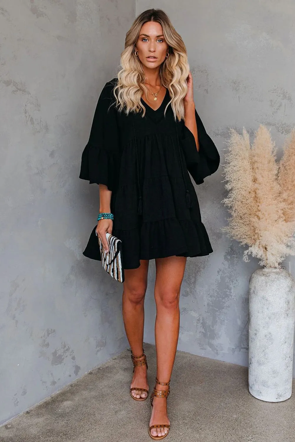 Black Batwing Sleeve Tunic Babydoll Dress