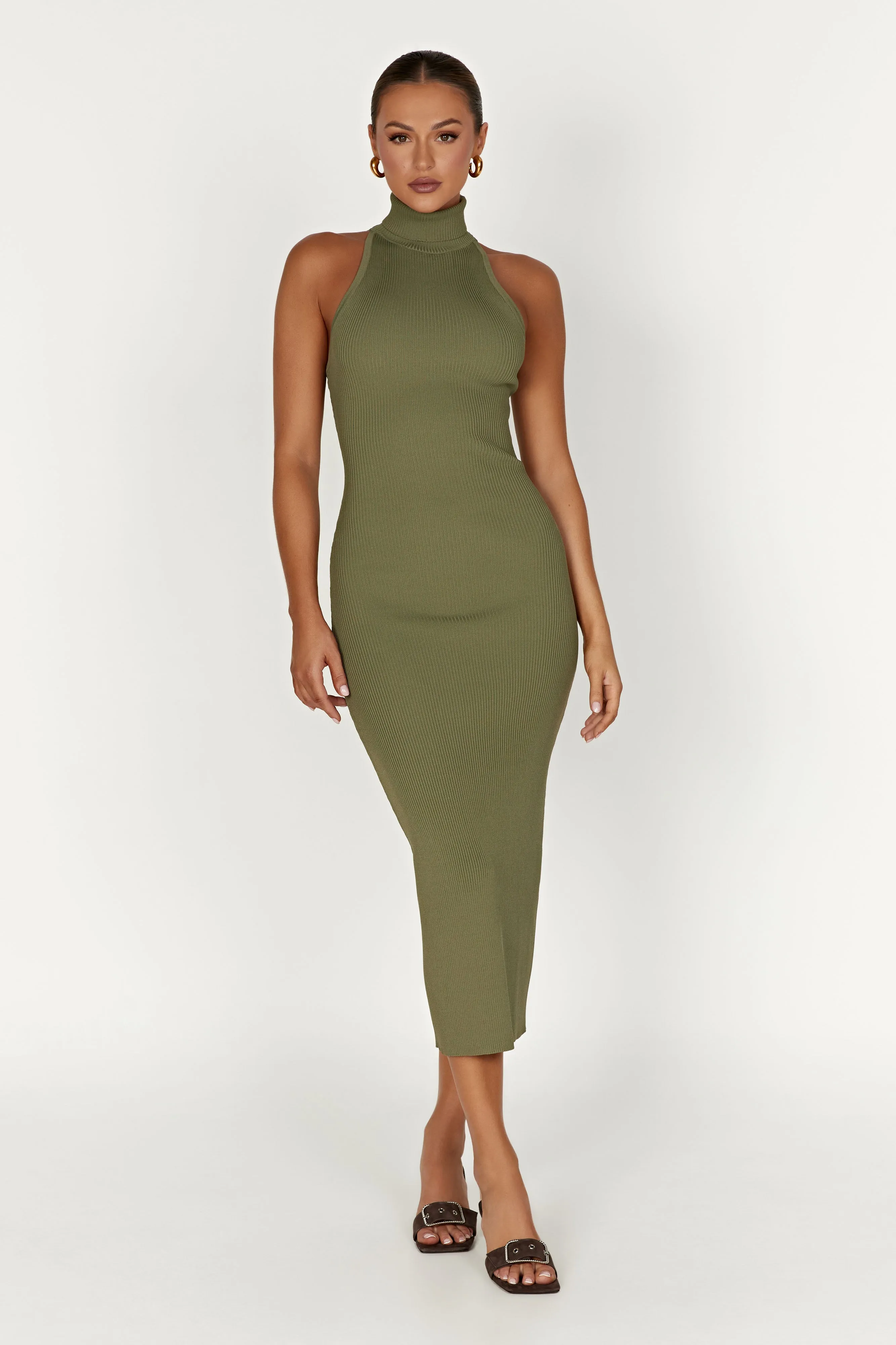 Connie Turtleneck Knit Midi Dress - Olive