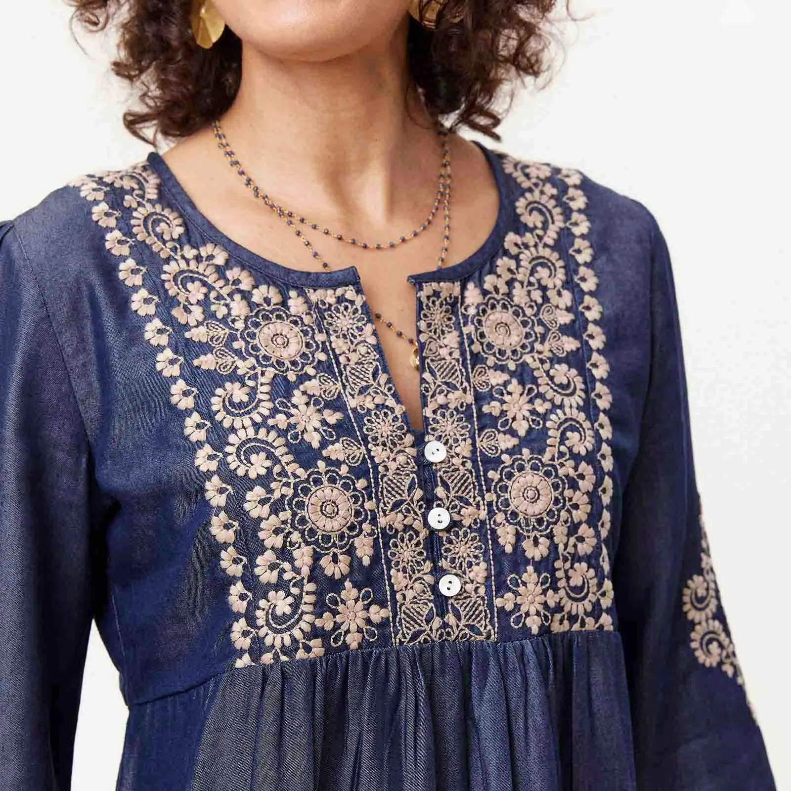 Denim Tencel Tunic with Tan Embroidery