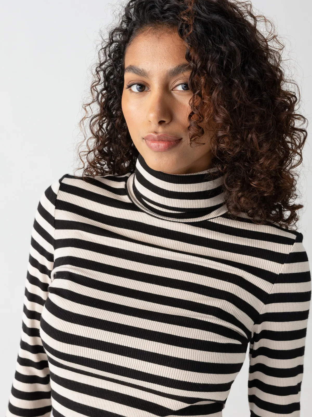 Essential Turtleneck Top Toasted Almond Black Mini Stripe