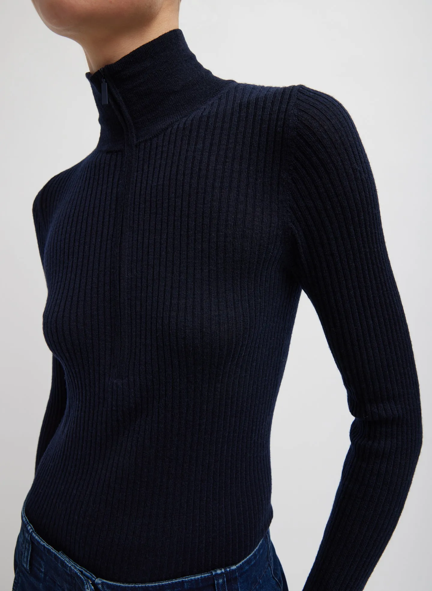 Feather Weight Ribbed Turtleneck Zip Up Sweater