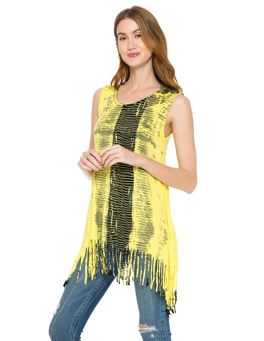 Fringed Sleeveless Canary Tie Dye Tunic