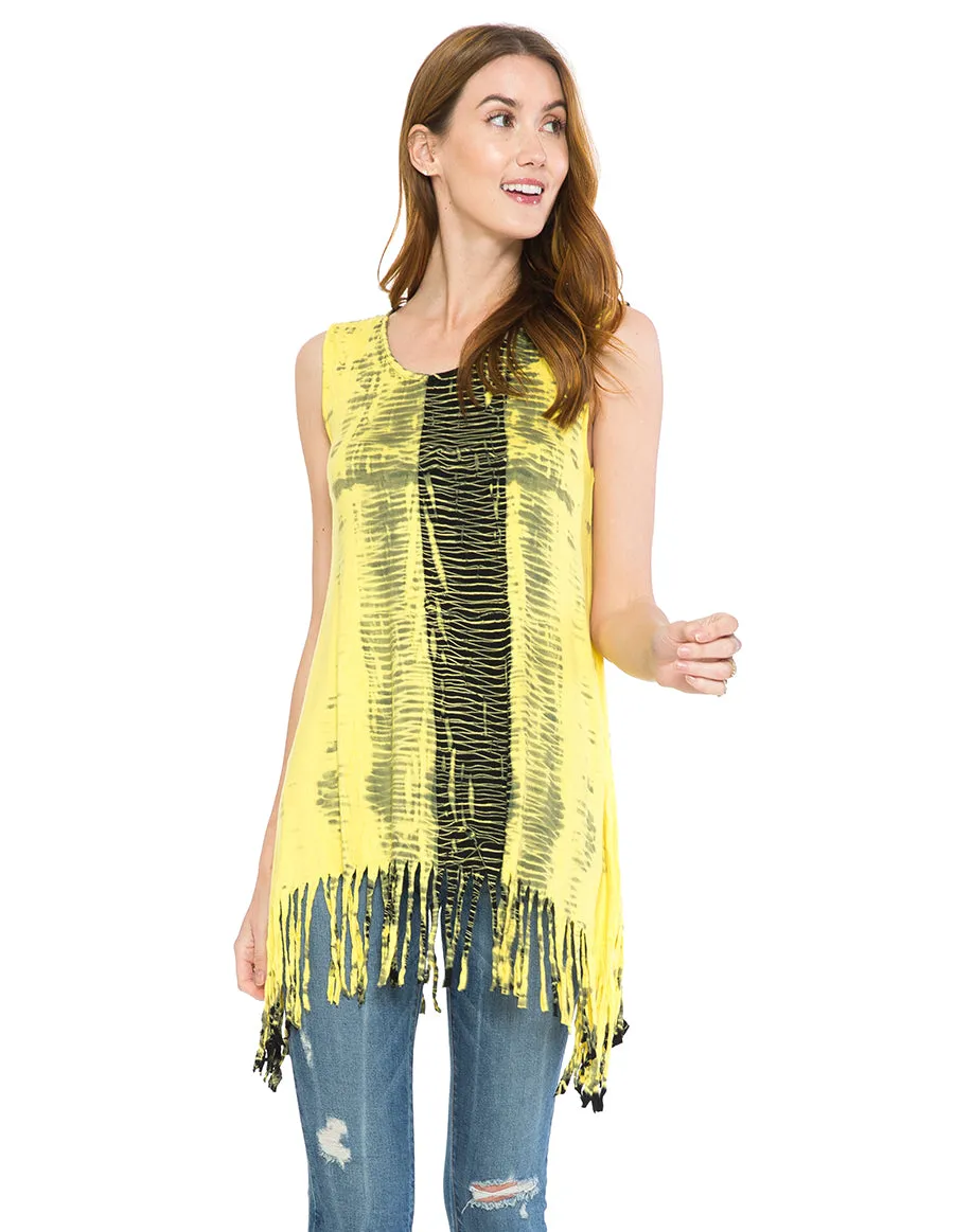 Fringed Sleeveless Canary Tie Dye Tunic