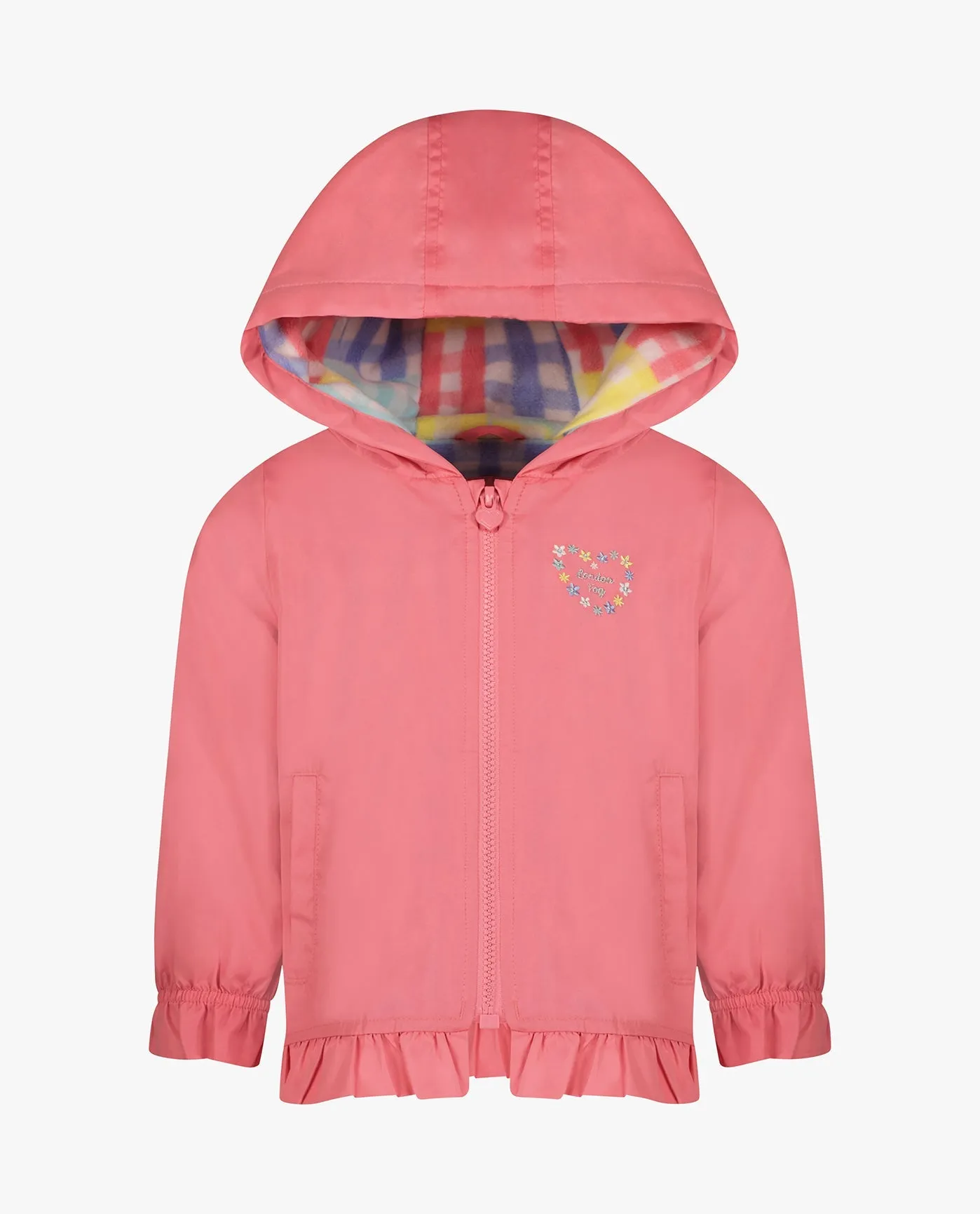 GIRLS SOLID ZIP FRONT HOODED RUFFLE RAINCOAT