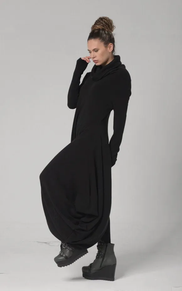 Knitted Asymmetric Turtleneck Dress In Black