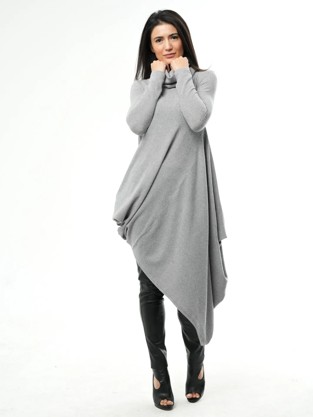 Knitted Asymmetric Turtleneck Dress In Gray