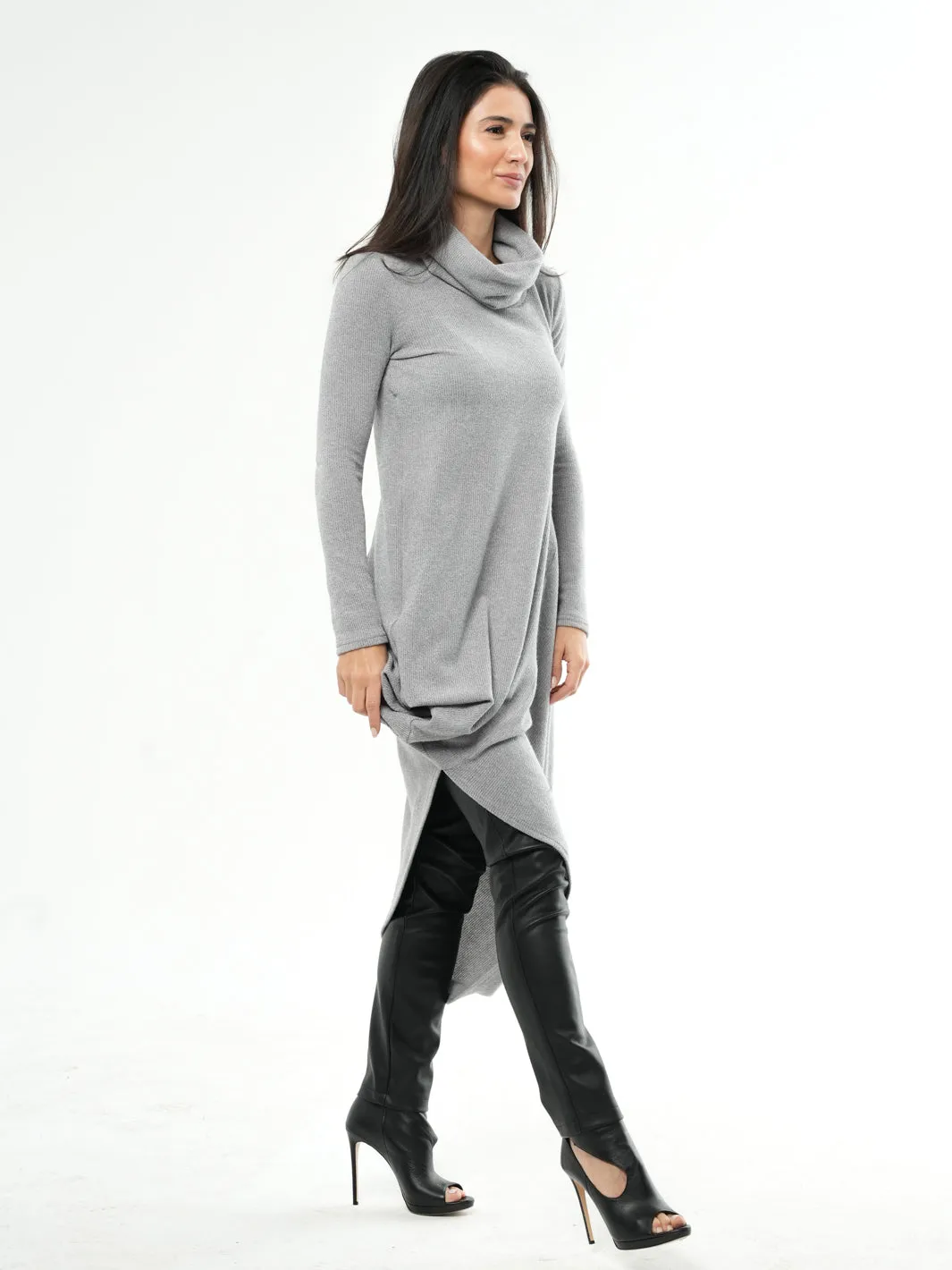 Knitted Asymmetric Turtleneck Dress In Gray