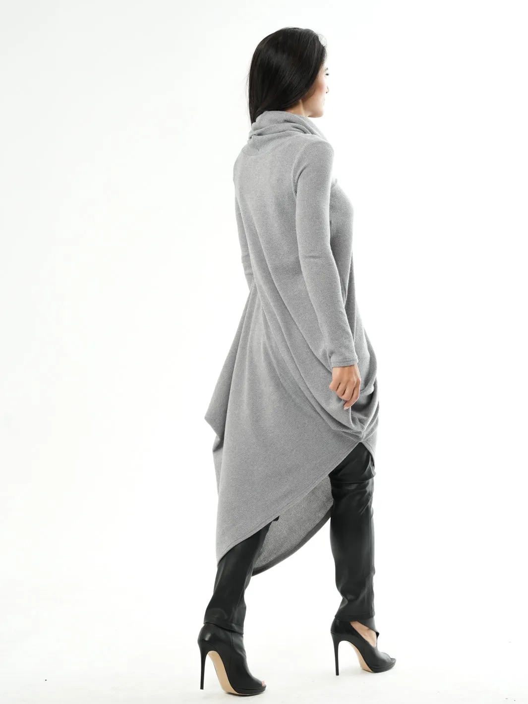 Knitted Asymmetric Turtleneck Dress In Gray