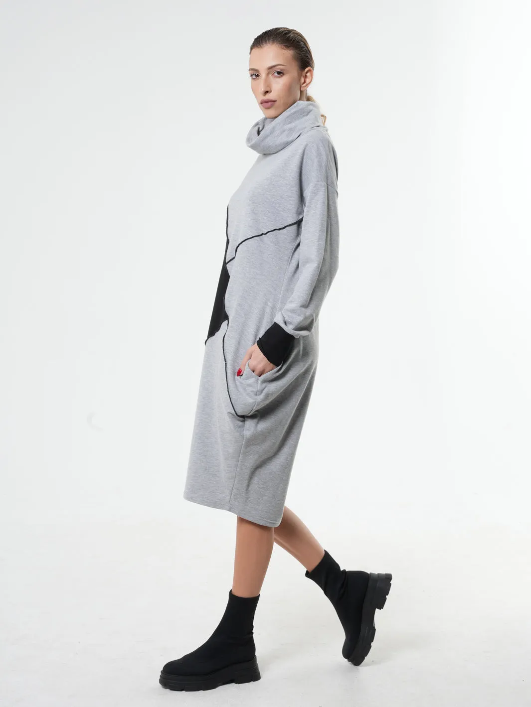 Long Sleeve Cotton Dress With Turtleneck In Gray