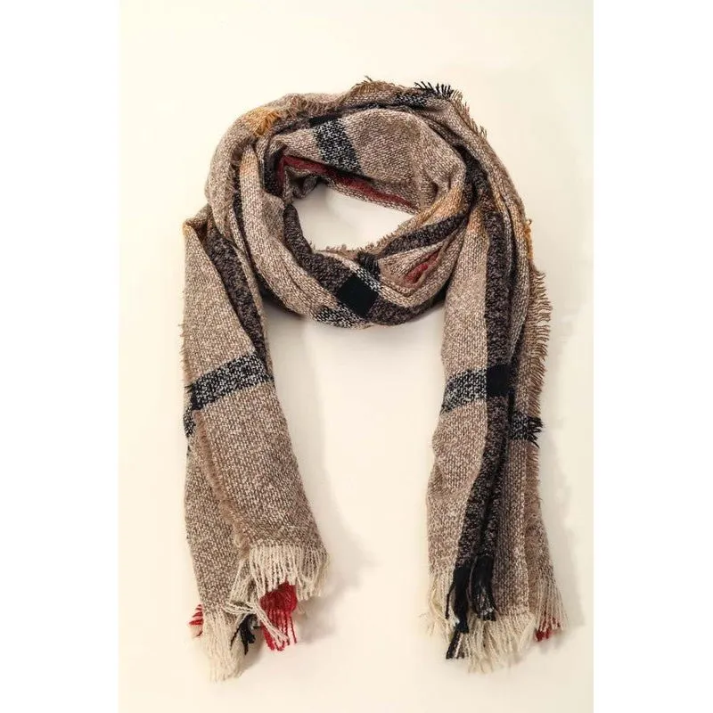 Plaid Frayed Hem Scarf- Brown