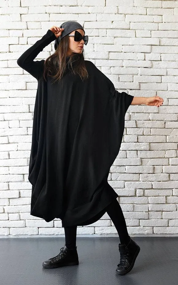 Soft Loose Turtleneck Dress In Black