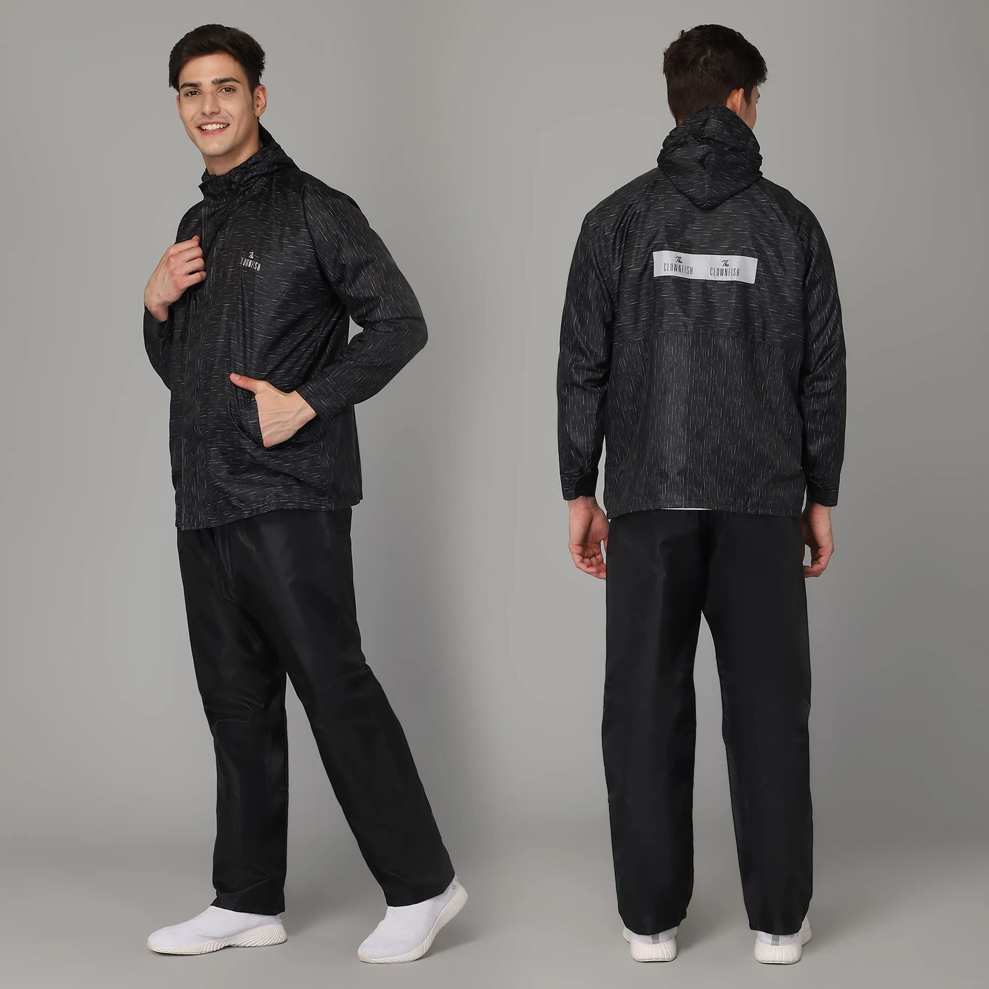 THE CLOWNFISH Arnold Men's Waterproof Polyester Double Coating Reversible Raincoat with Hood and Reflector Logo at Back. Set of Top and Bottom. Printed Plastic Pouch with Rope(Black, XX-Large)