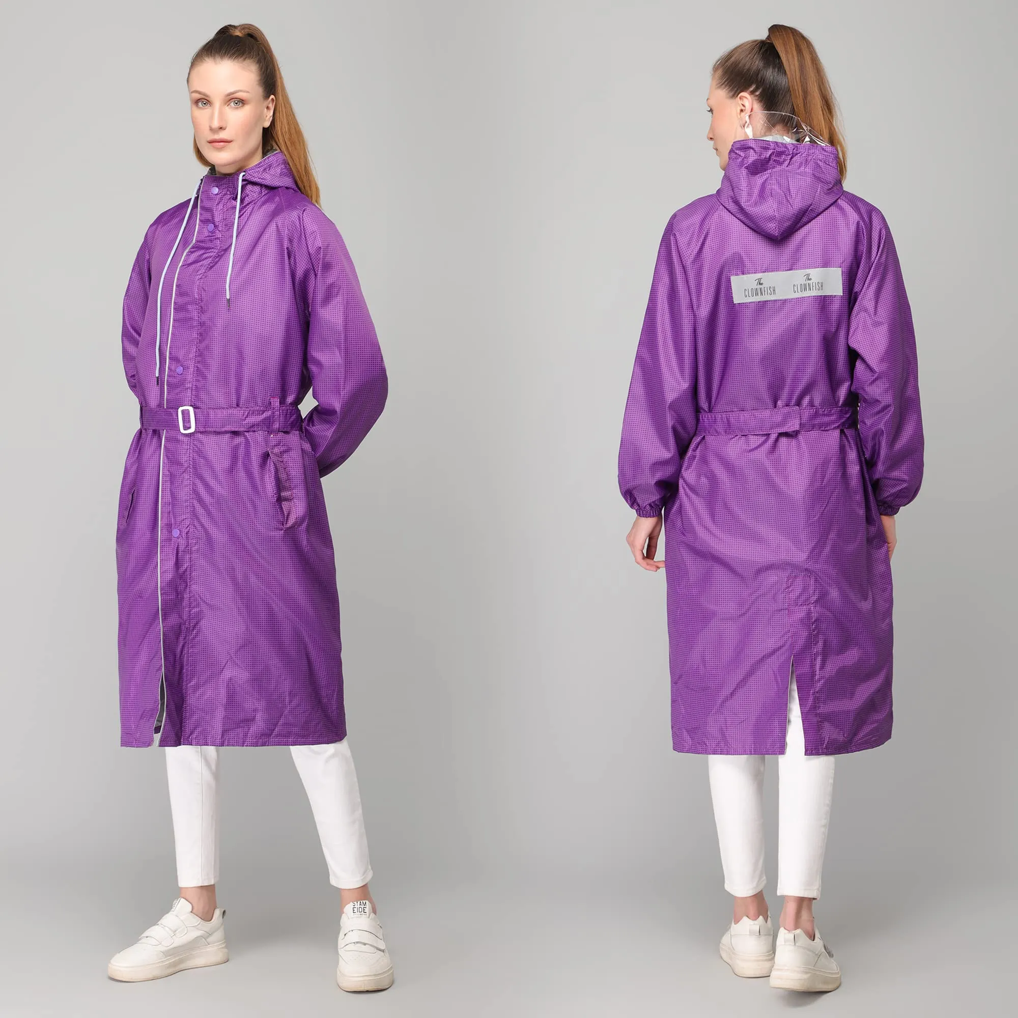 THE CLOWNFISH Aster Pro Series Womens Waterproof PVC Transparent Self Design Longcoat/Raincoat with Adjustable Hood (Lavender, XX-Large)