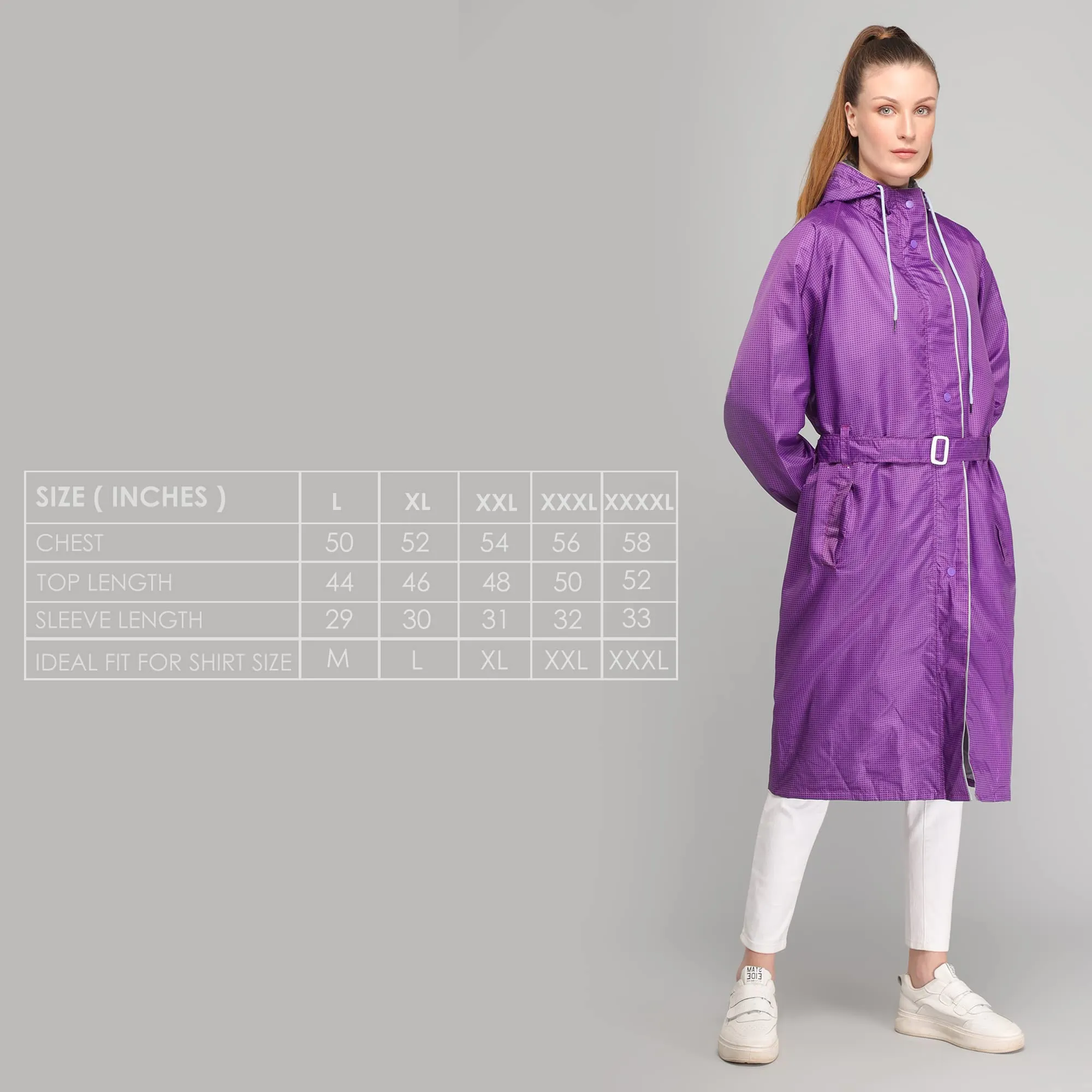 THE CLOWNFISH Aster Pro Series Womens Waterproof PVC Transparent Self Design Longcoat/Raincoat with Adjustable Hood (Lavender, XX-Large)