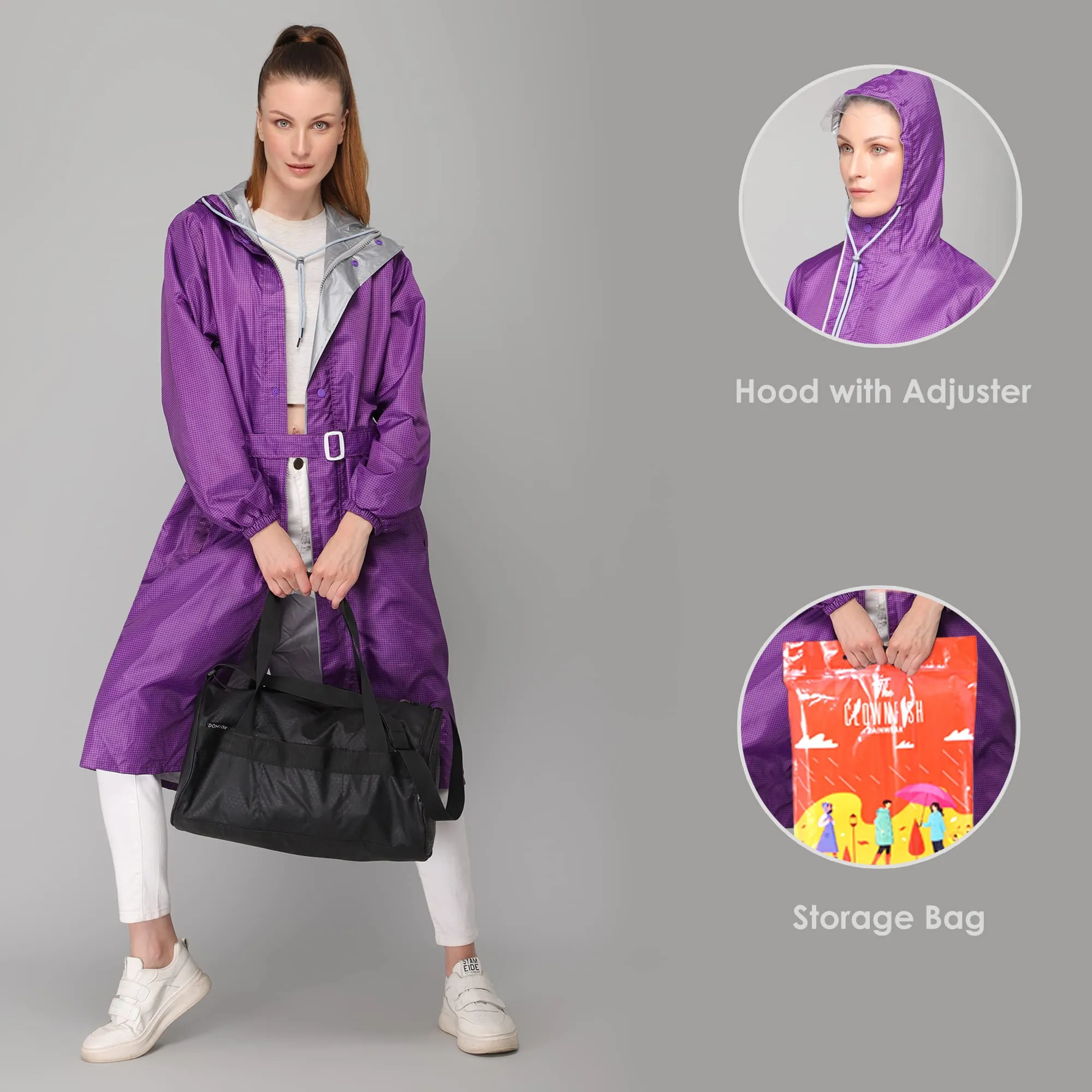 THE CLOWNFISH Aster Pro Series Womens Waterproof PVC Transparent Self Design Longcoat/Raincoat with Adjustable Hood (Lavender, XX-Large)