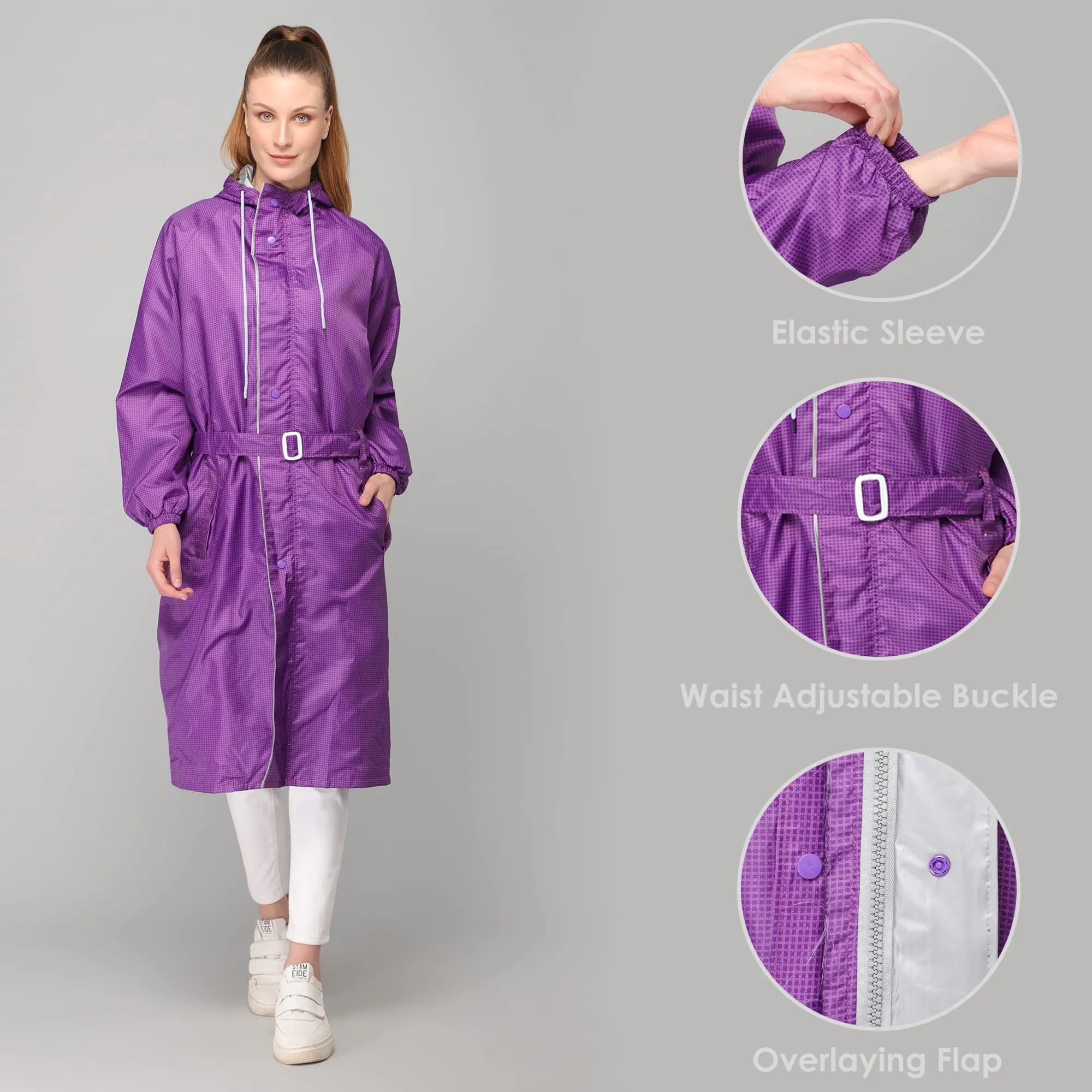 THE CLOWNFISH Aster Pro Series Womens Waterproof PVC Transparent Self Design Longcoat/Raincoat with Adjustable Hood (Lavender, XX-Large)