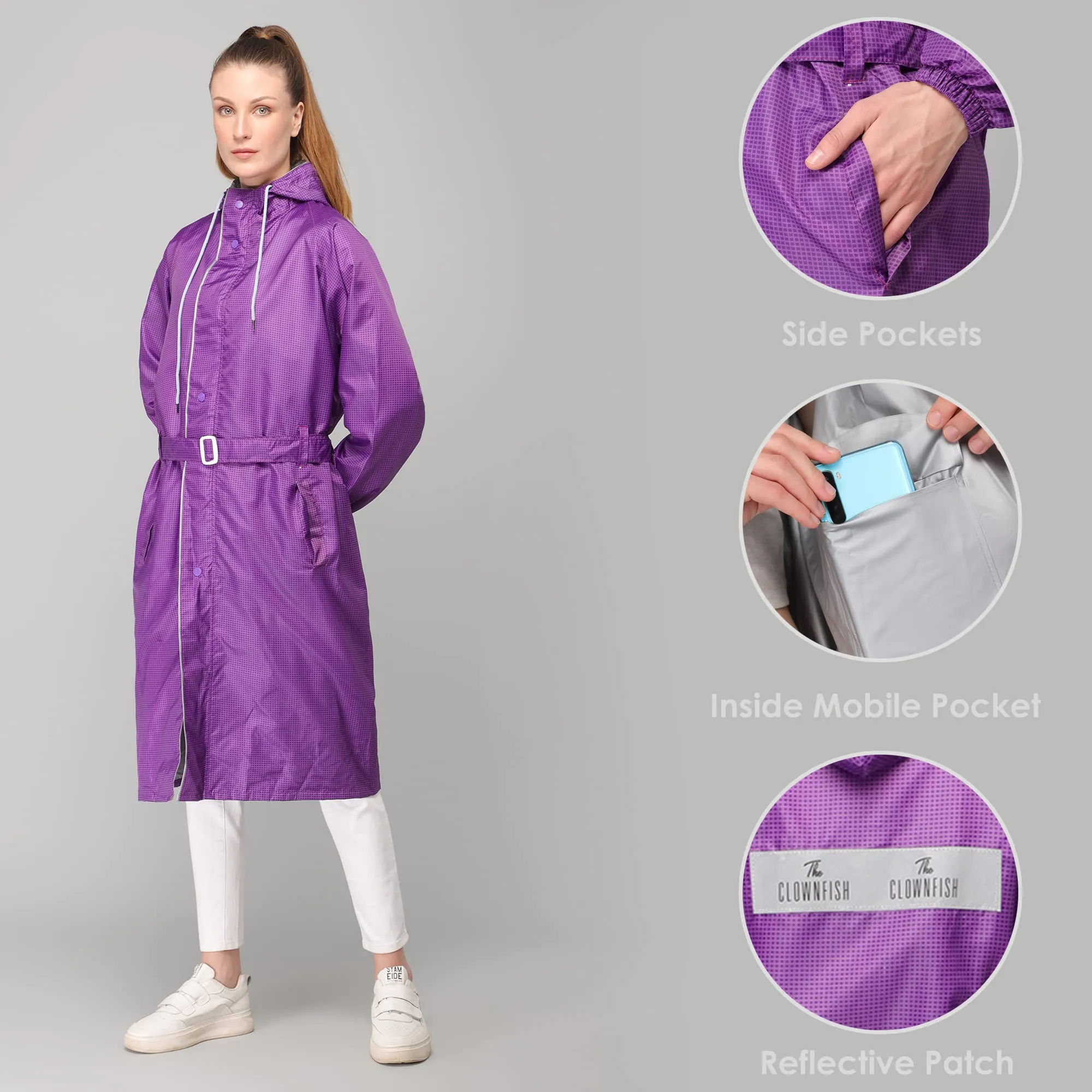 THE CLOWNFISH Aster Pro Series Womens Waterproof PVC Transparent Self Design Longcoat/Raincoat with Adjustable Hood (Lavender, XX-Large)