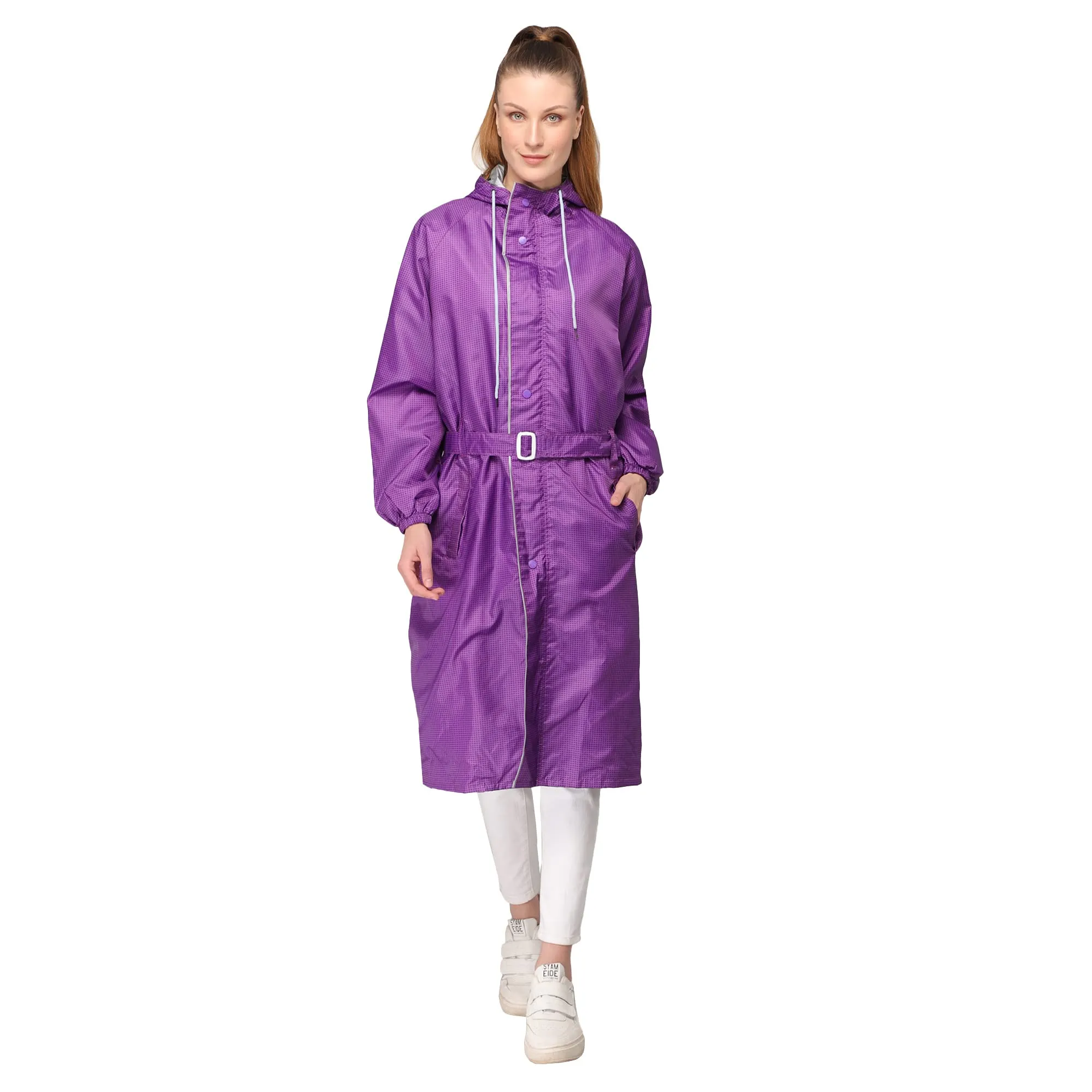 THE CLOWNFISH Aster Pro Series Womens Waterproof PVC Transparent Self Design Longcoat/Raincoat with Adjustable Hood (Lavender, XX-Large)