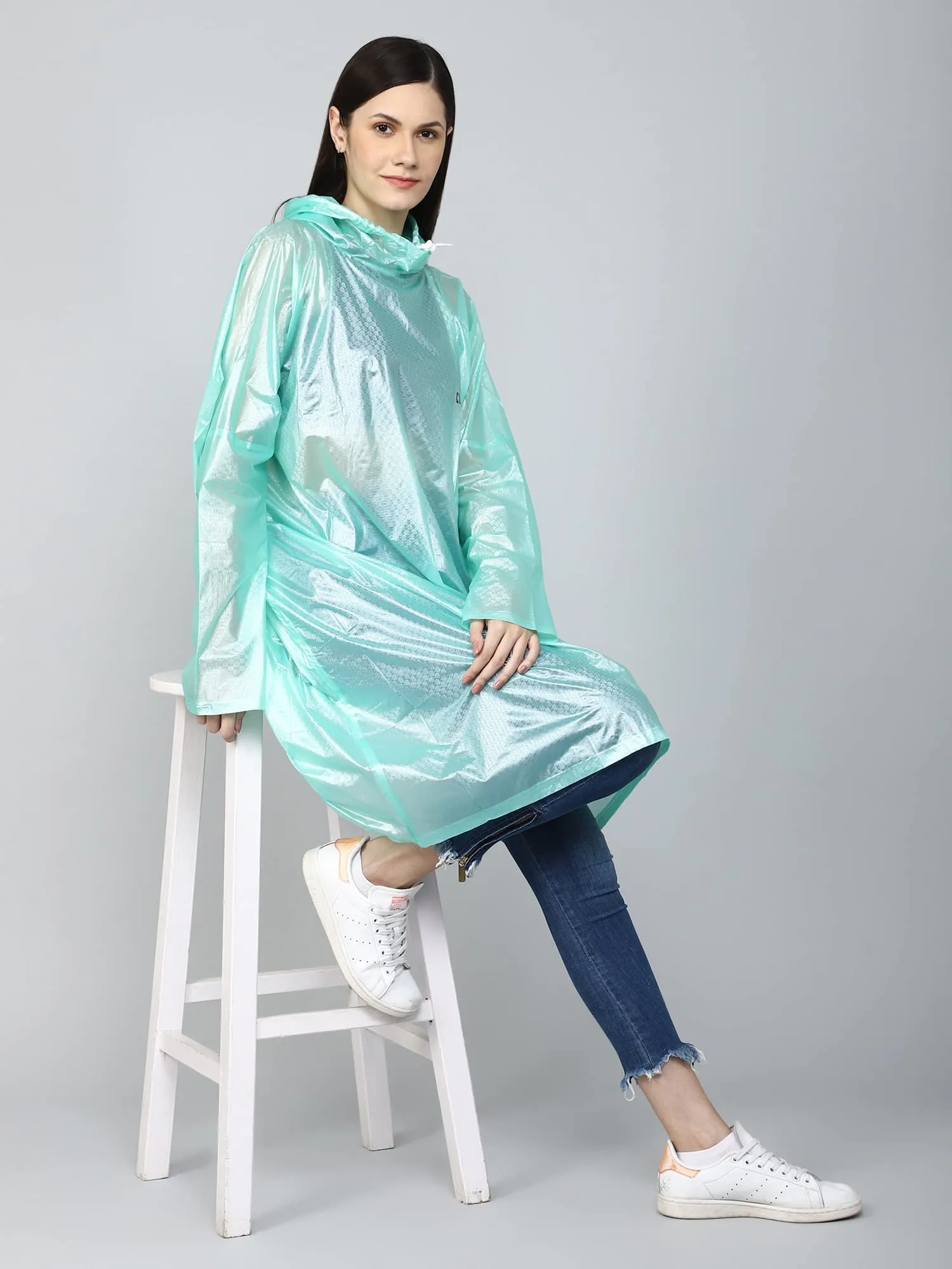 THE CLOWNFISH Avalon Series Womens Waterproof PVC Transparent Self Design Pullover Longcoat/Raincoat with Adjustable Hood (Green, XX-Large)