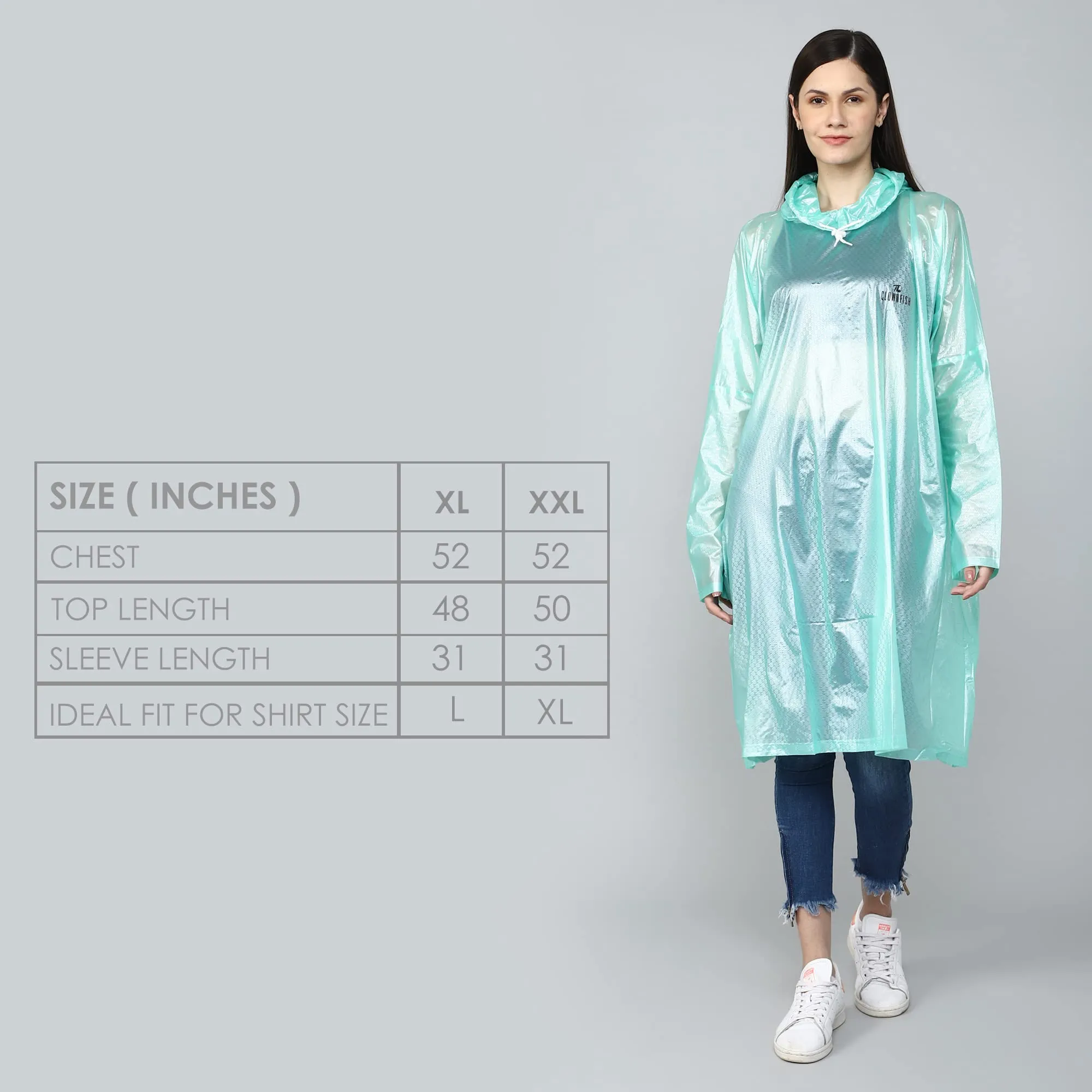 THE CLOWNFISH Avalon Series Womens Waterproof PVC Transparent Self Design Pullover Longcoat/Raincoat with Adjustable Hood (Green, XX-Large)