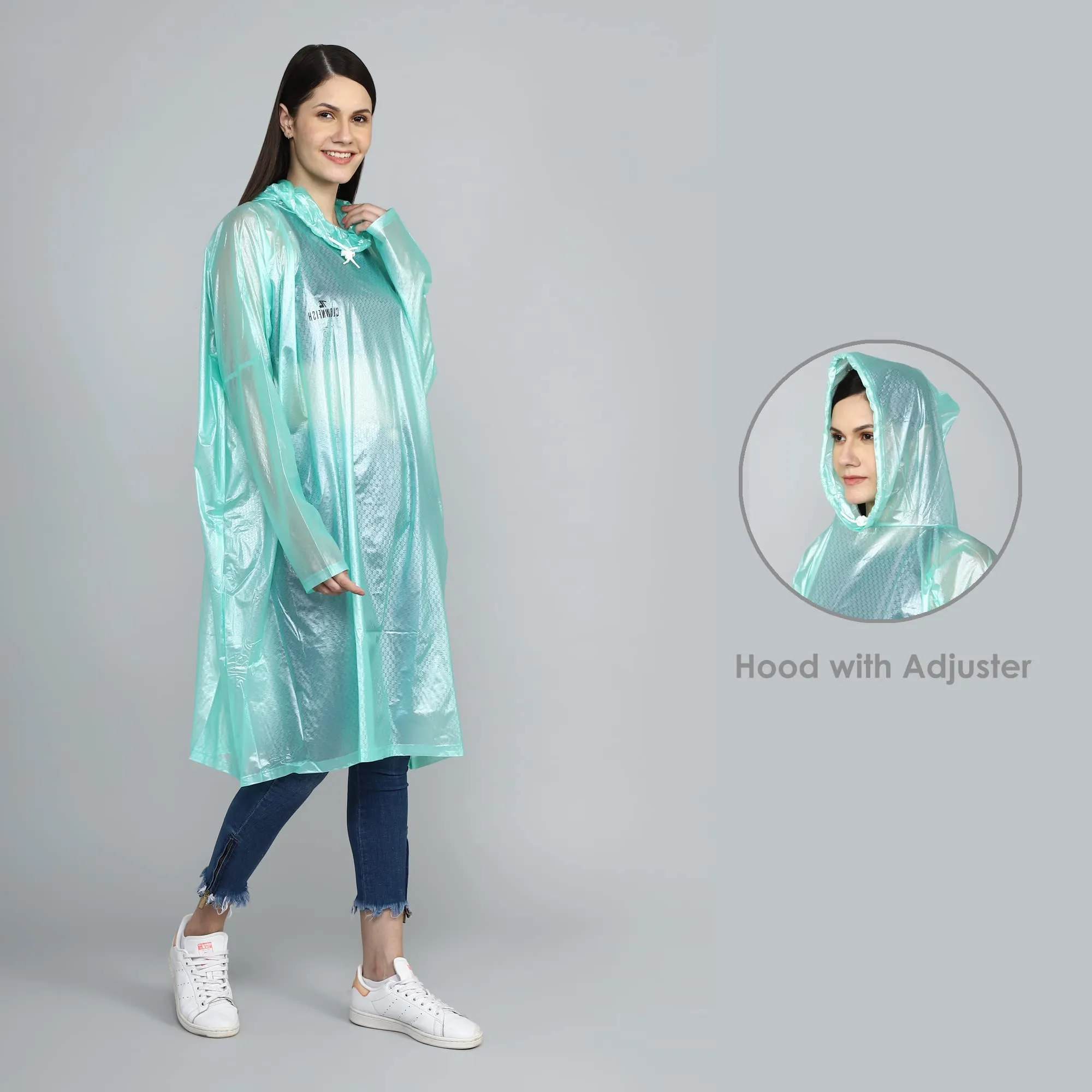 THE CLOWNFISH Avalon Series Womens Waterproof PVC Transparent Self Design Pullover Longcoat/Raincoat with Adjustable Hood (Green, XX-Large)