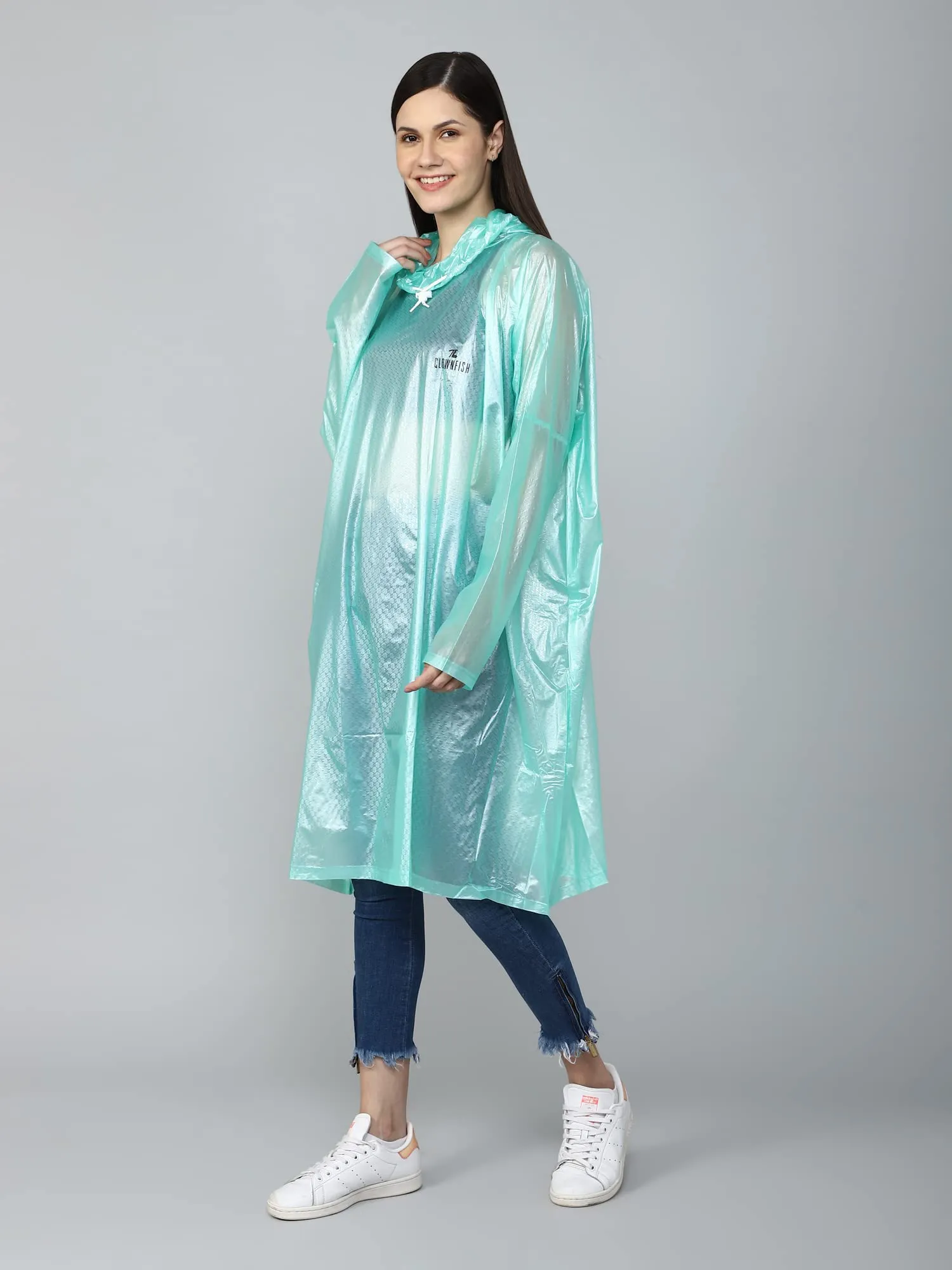 THE CLOWNFISH Avalon Series Womens Waterproof PVC Transparent Self Design Pullover Longcoat/Raincoat with Adjustable Hood (Green, XX-Large)