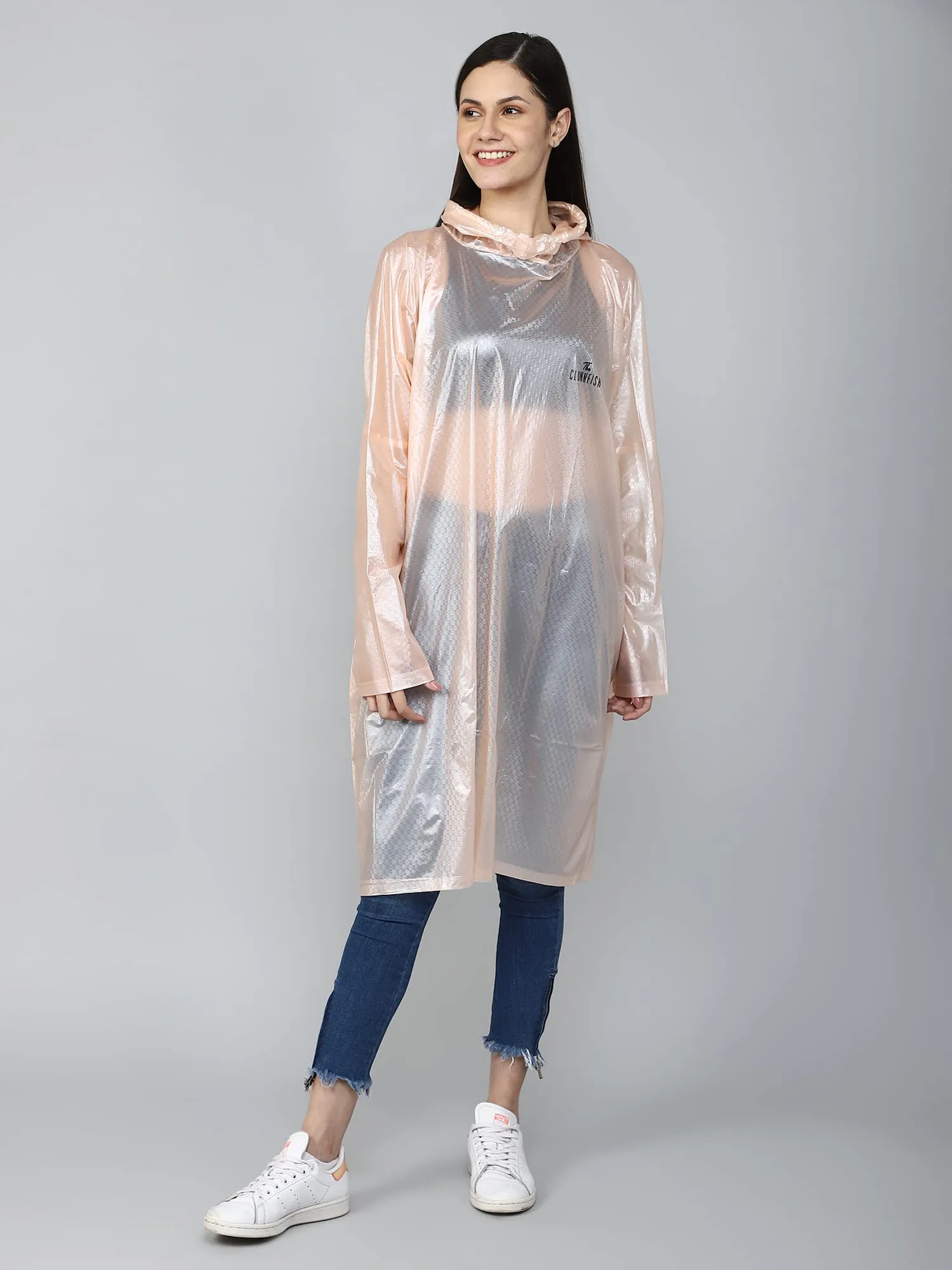 THE CLOWNFISH Avalon Series Womens Waterproof PVC Transparent Self Design Pullover Longcoat/Raincoat with Adjustable Hood (Peach, X-Large)