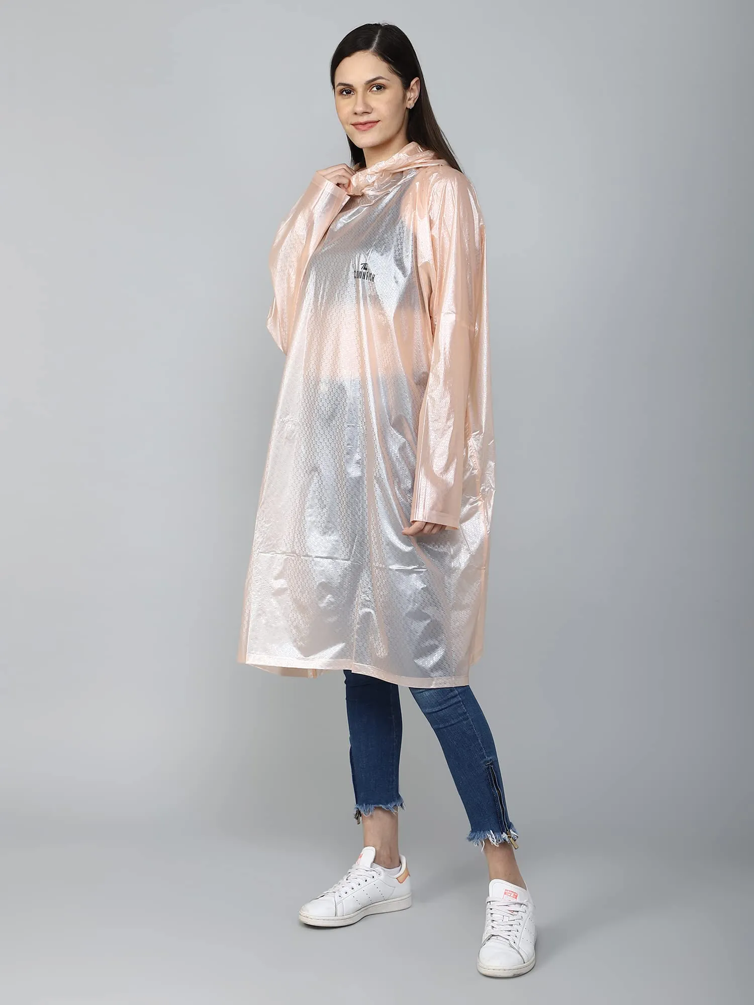 THE CLOWNFISH Avalon Series Womens Waterproof PVC Transparent Self Design Pullover Longcoat/Raincoat with Adjustable Hood (Peach, X-Large)