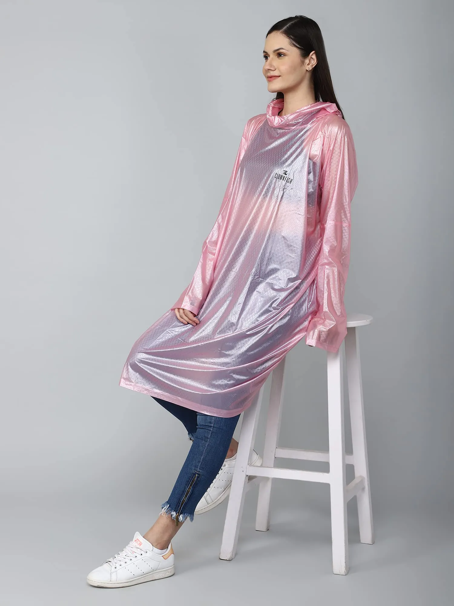 THE CLOWNFISH Avalon Series Womens Waterproof PVC Transparent Self Design Pullover Longcoat/Raincoat with Adjustable Hood (Pink, X-Large)