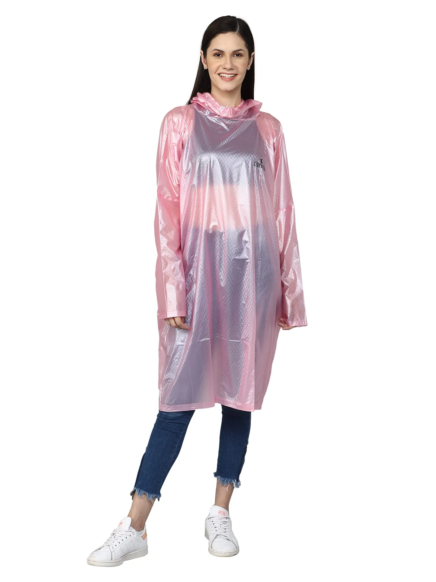 THE CLOWNFISH Avalon Series Womens Waterproof PVC Transparent Self Design Pullover Longcoat/Raincoat with Adjustable Hood (Pink, X-Large)