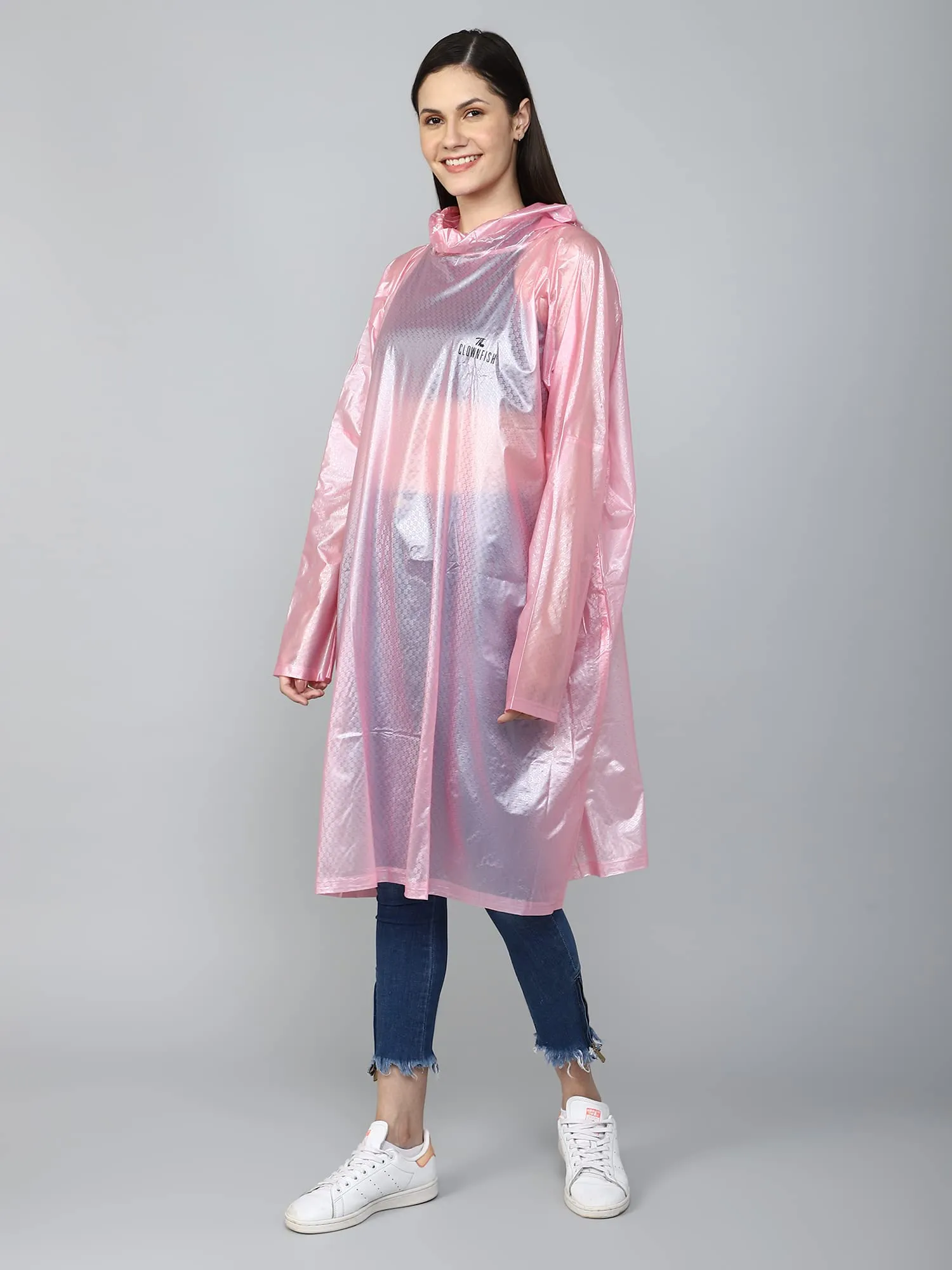 THE CLOWNFISH Avalon Series Womens Waterproof PVC Transparent Self Design Pullover Longcoat/Raincoat with Adjustable Hood (Pink, X-Large)