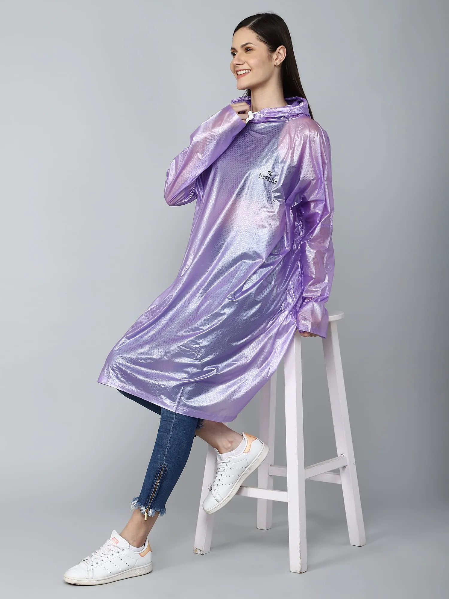 THE CLOWNFISH Avalon Series Womens Waterproof PVC Transparent Self Design Pullover Longcoat/Raincoat with Adjustable Hood (Purple, X-Large)