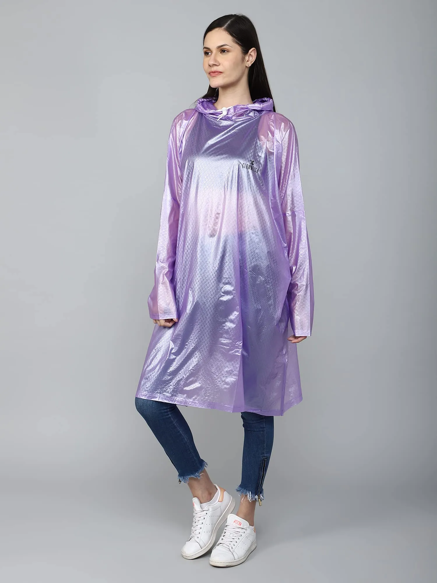 THE CLOWNFISH Avalon Series Womens Waterproof PVC Transparent Self Design Pullover Longcoat/Raincoat with Adjustable Hood (Purple, XX-Large)