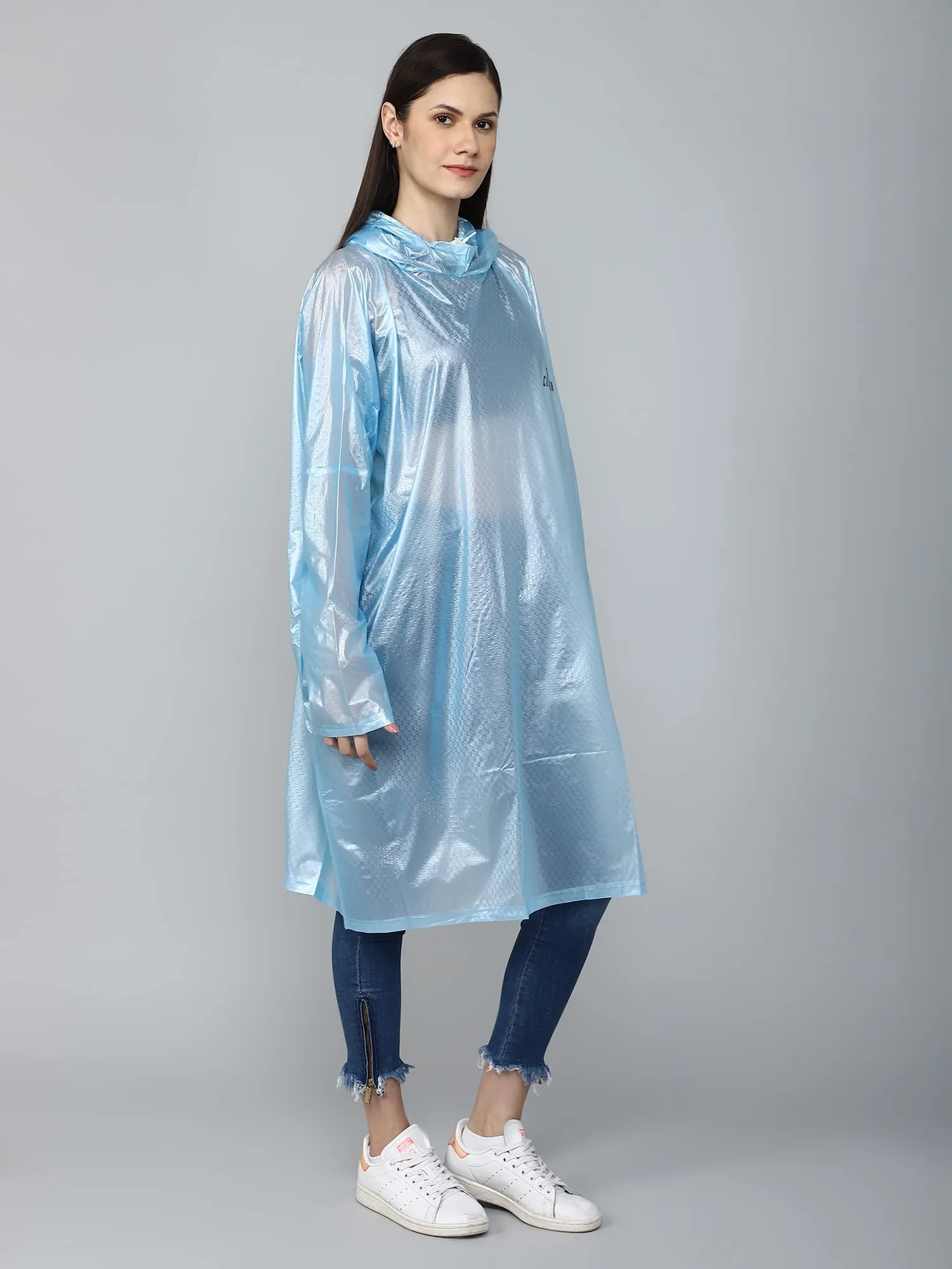 THE CLOWNFISH Avalon Series Womens Waterproof PVC Transparent Self Design Pullover Longcoat/Raincoat with Adjustable Hood (Sky Blue, X-Large)