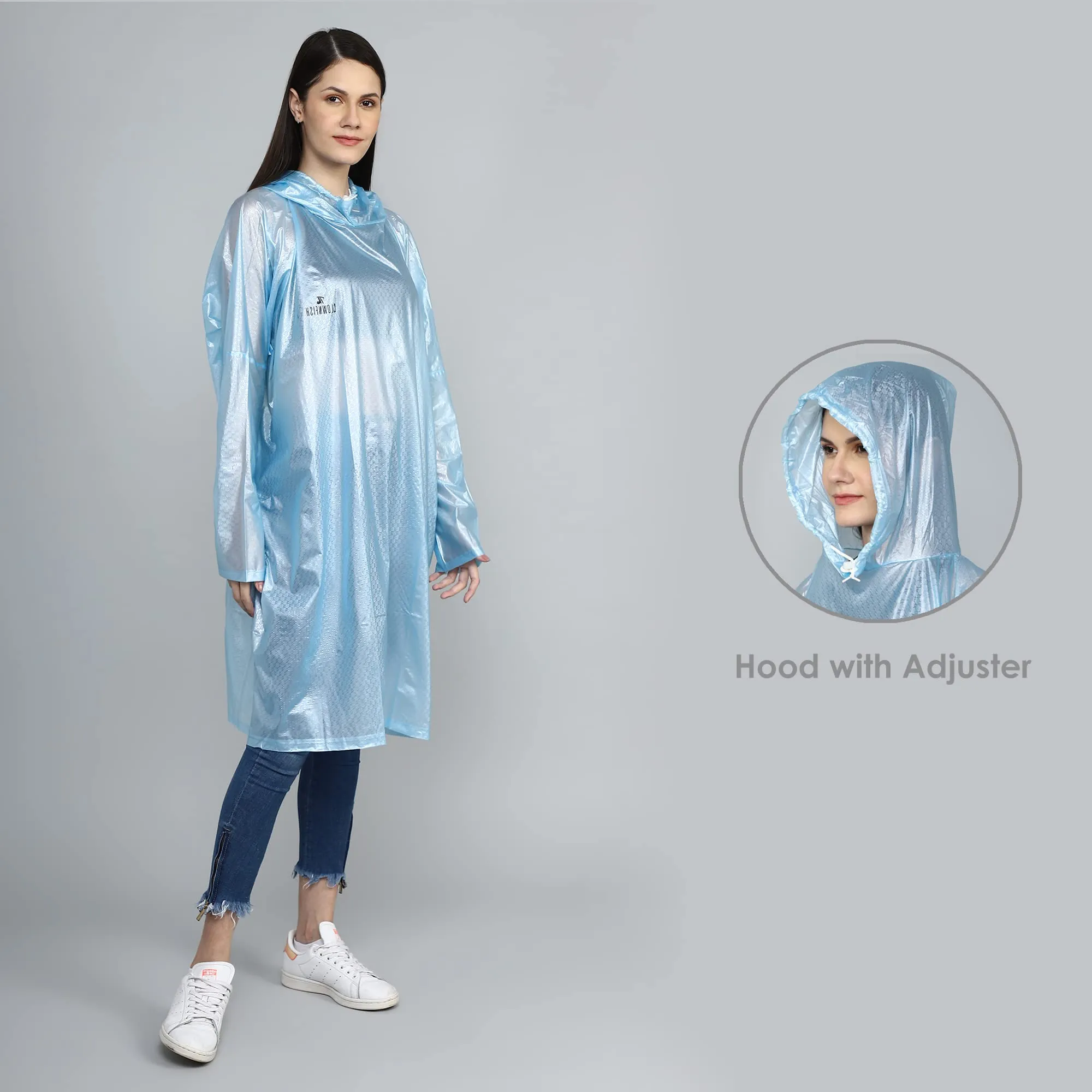 THE CLOWNFISH Avalon Series Womens Waterproof PVC Transparent Self Design Pullover Longcoat/Raincoat with Adjustable Hood (Sky Blue, X-Large)