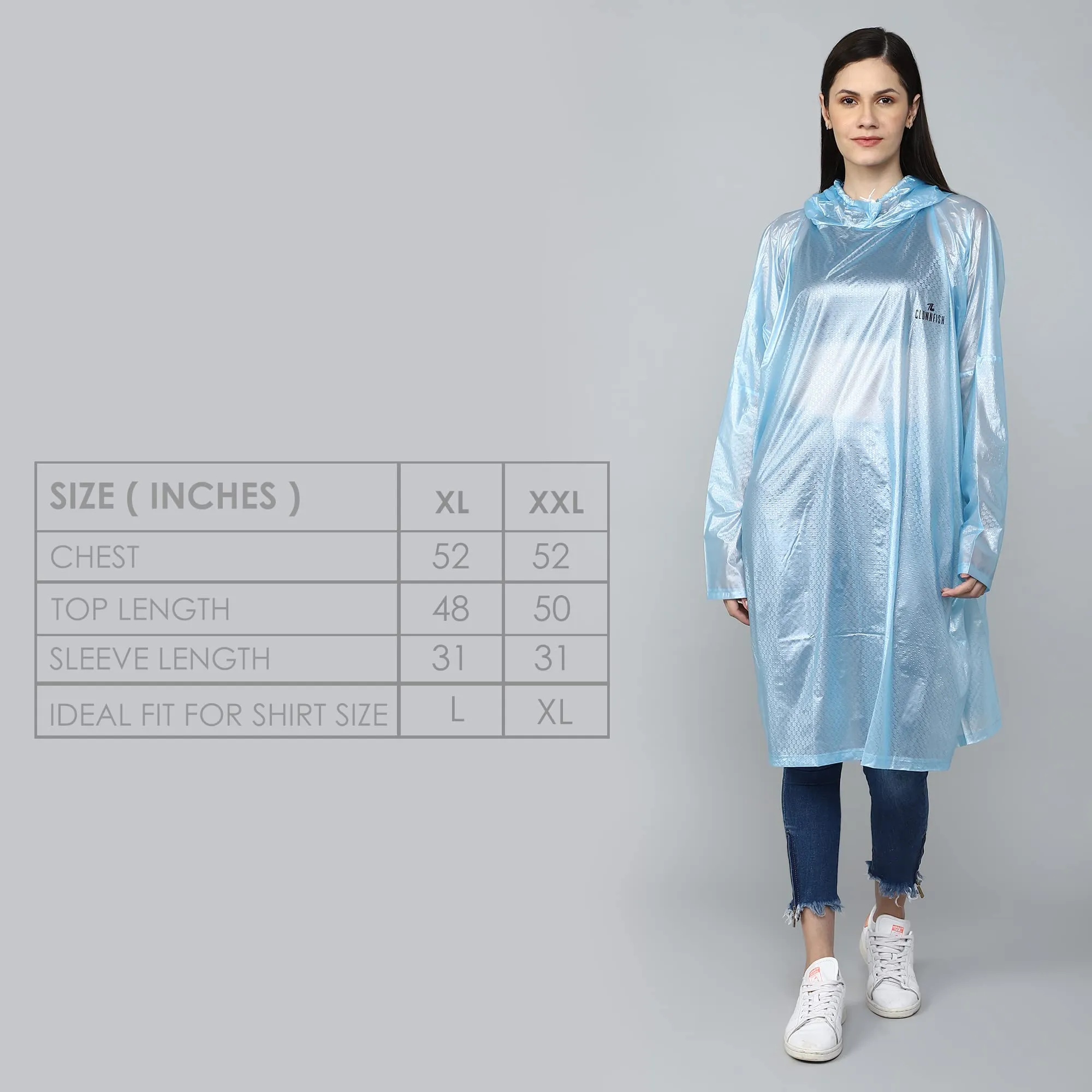 THE CLOWNFISH Avalon Series Womens Waterproof PVC Transparent Self Design Pullover Longcoat/Raincoat with Adjustable Hood (Sky Blue, X-Large)