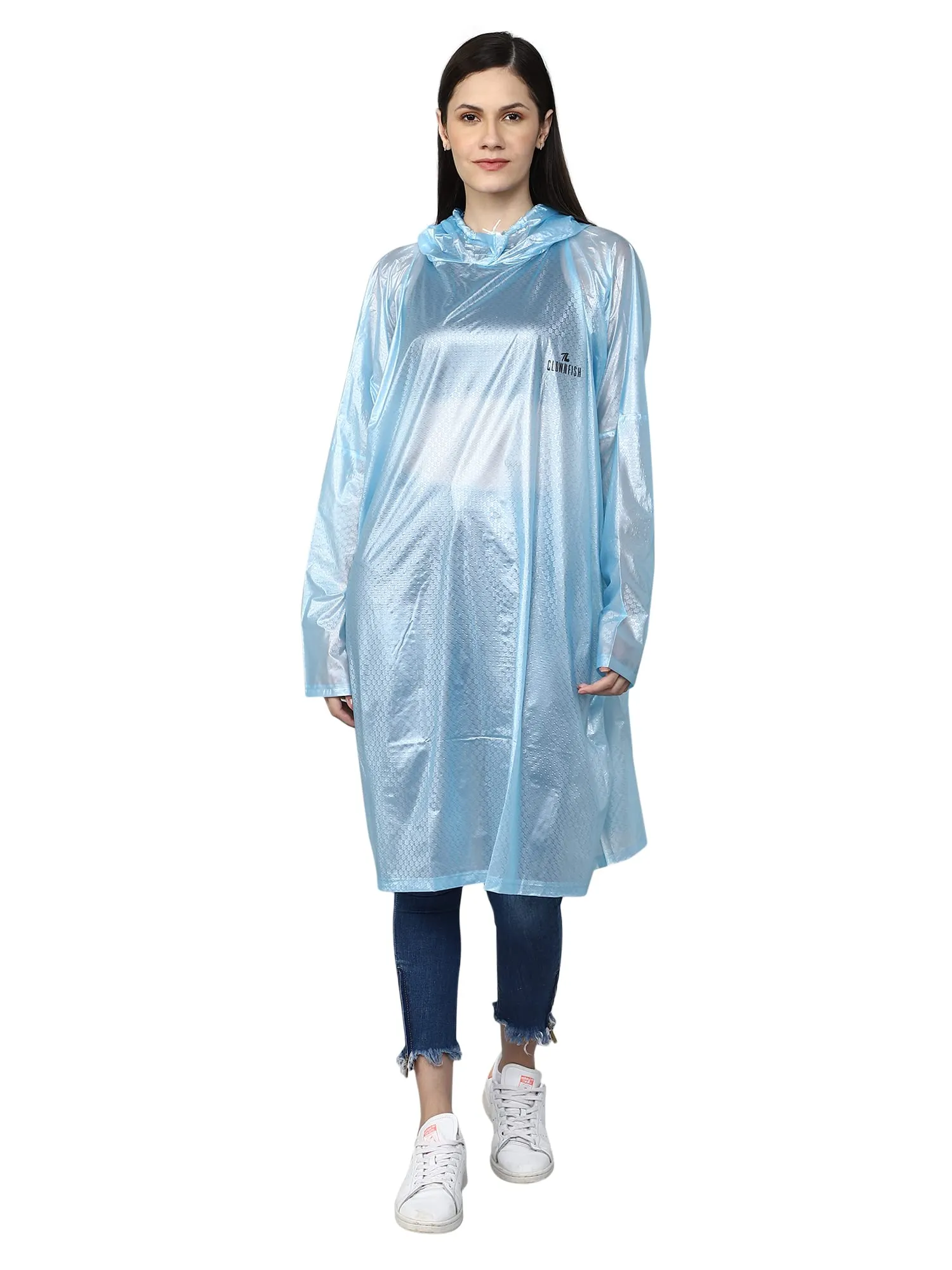 THE CLOWNFISH Avalon Series Womens Waterproof PVC Transparent Self Design Pullover Longcoat/Raincoat with Adjustable Hood (Sky Blue, XX-Large)