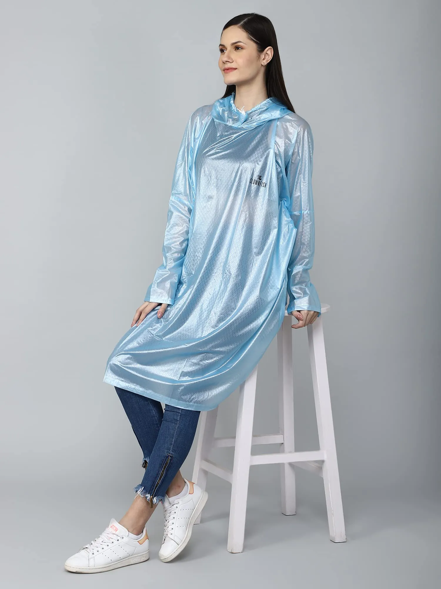 THE CLOWNFISH Avalon Series Womens Waterproof PVC Transparent Self Design Pullover Longcoat/Raincoat with Adjustable Hood (Sky Blue, XX-Large)