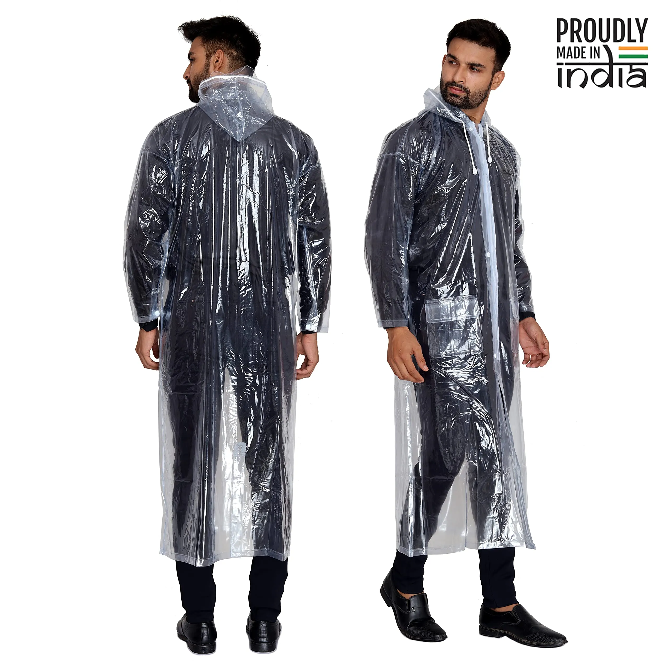 THE CLOWNFISH Brayton Series Waterproof PVC Long Coat/Raincoat with Adjustable Hood For Men (Transparent-Free Size)