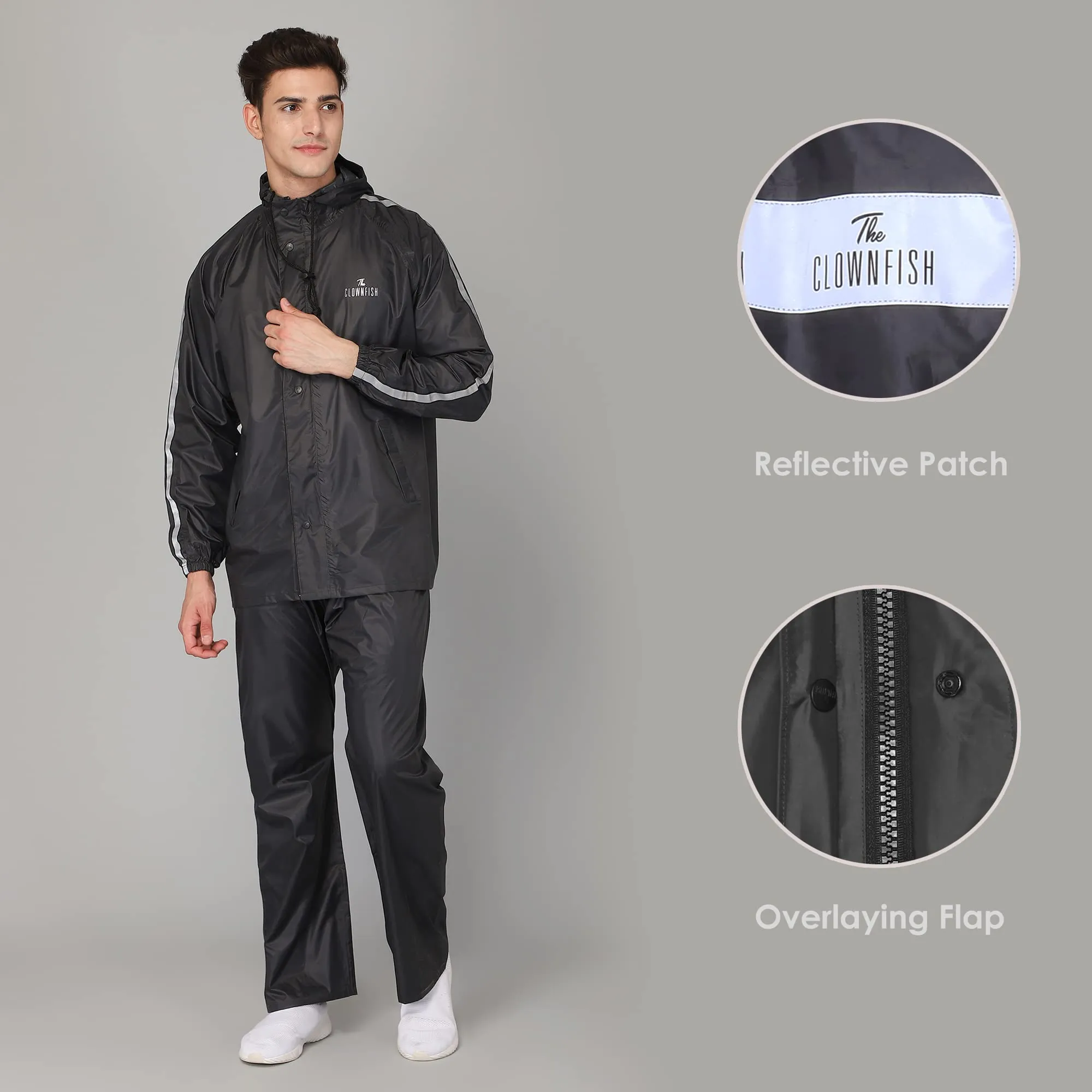 THE CLOWNFISH Bruce Series Men's Waterproof Polyester Raincoat with Hood and Reflector Logo at Back for Night Travelling. Set of Top and Bottom. Printed Plastic Pouch with Rope (Grey, Large)