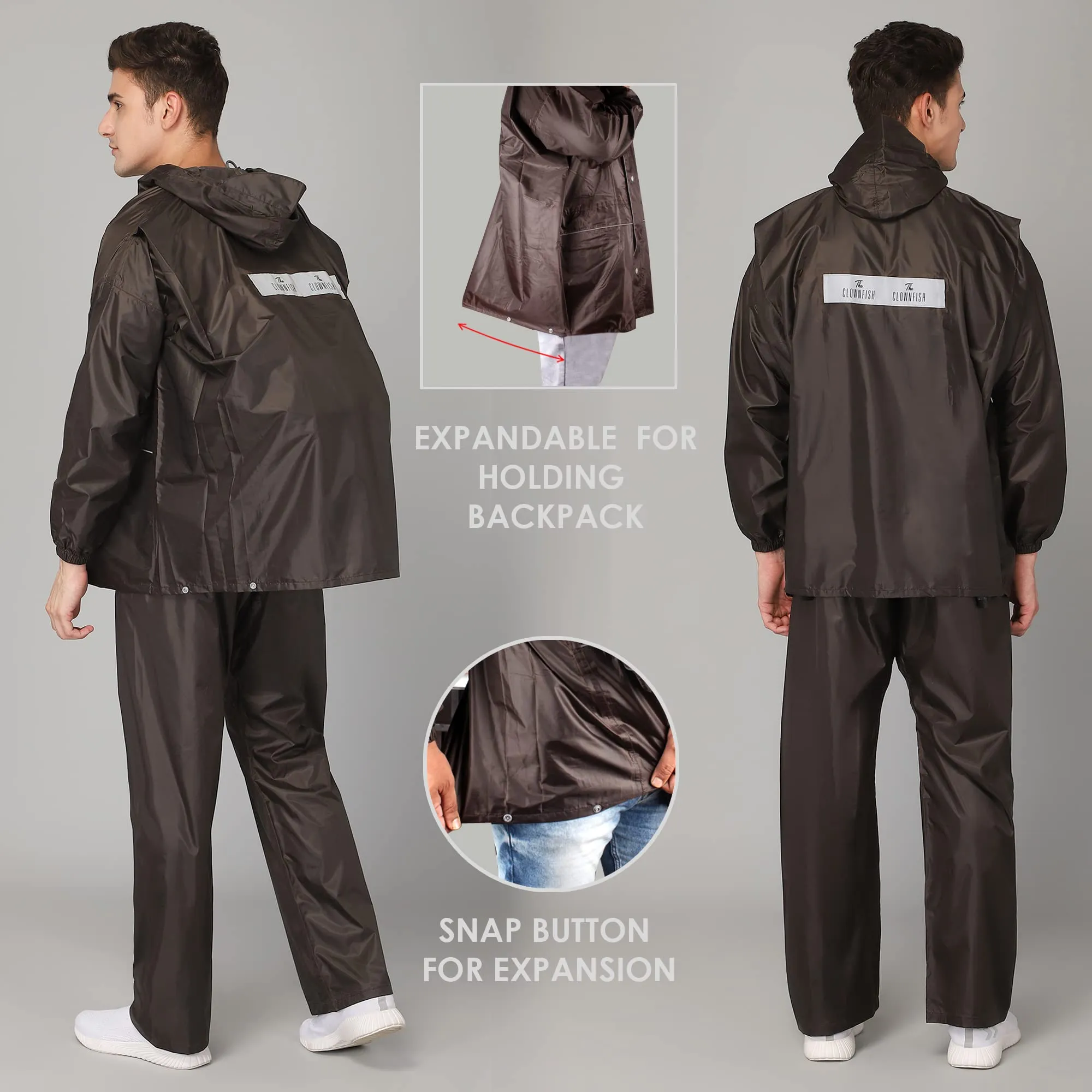 The Clownfish Charles Series Men's Waterproof Polyester Raincoat with Hood and Reflector Logo at Back. Expandable Back For Backpack Holding. Set of Top and Bottom. Printed Plastic Pouch with Rope ( Brown, Large)