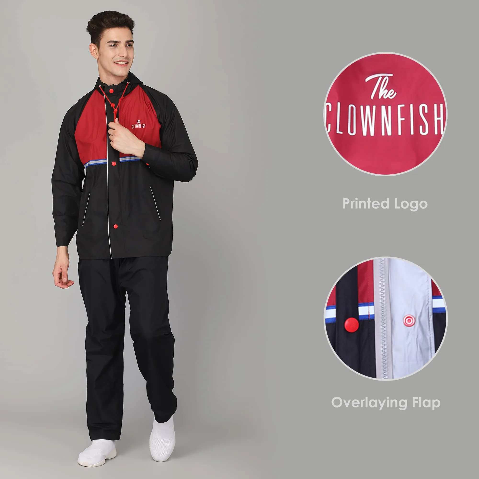 THE CLOWNFISH Christopher Men's Waterproof Polyester Double Coating Reversible Raincoat with Hood. Set of Top and Bottom. Printed Plastic Pouch with Rope (Black, XXX-Large)