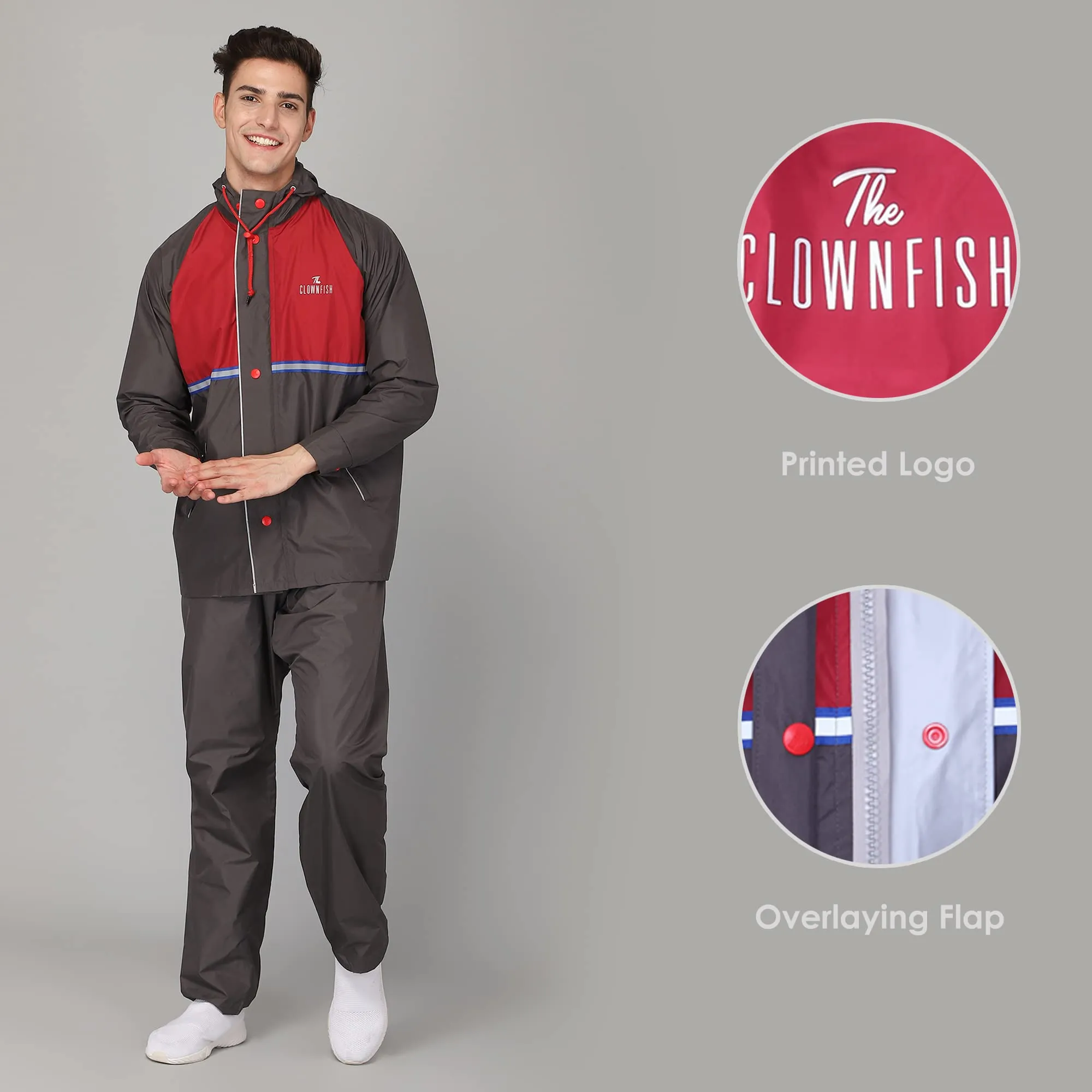 THE CLOWNFISH Christopher Men's Waterproof Polyester Double Coating Reversible Raincoat with Hood. Set of Top and Bottom. Printed Plastic Pouch with Rope (Grey, Large)