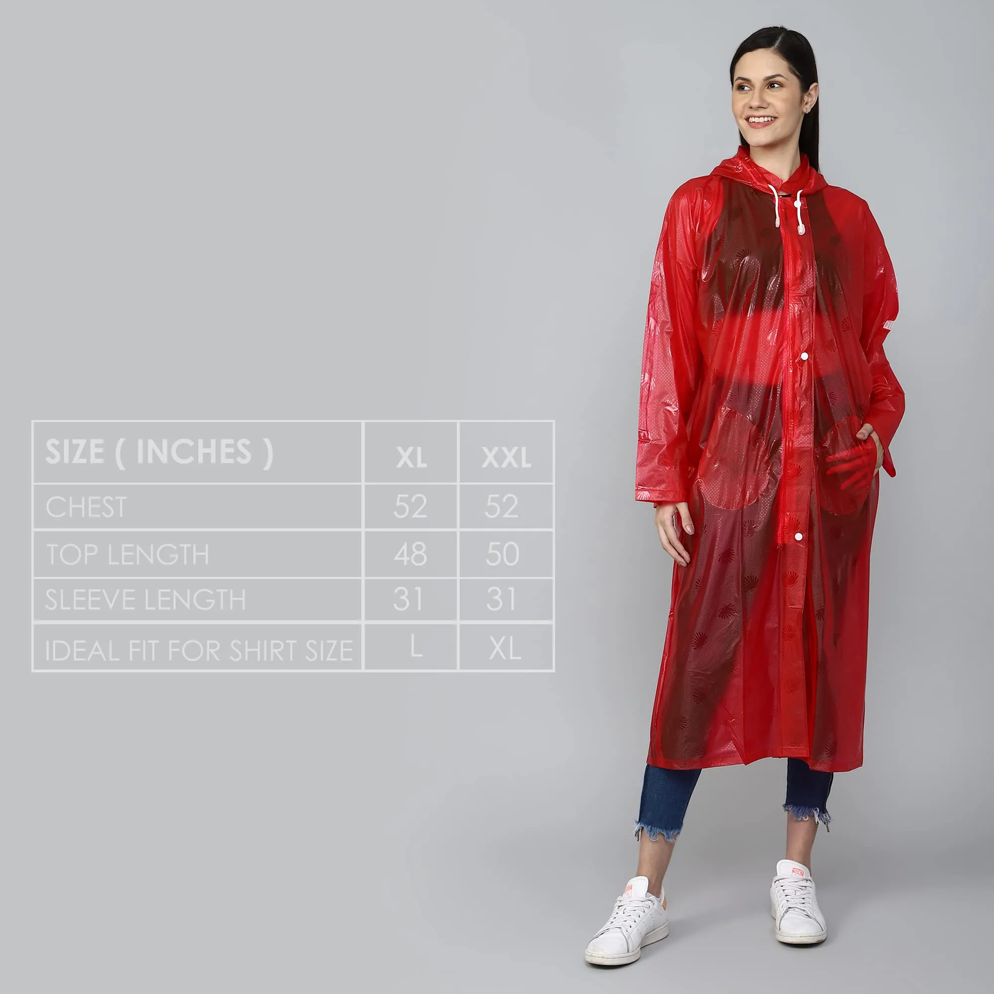 THE CLOWNFISH Cindrella Series Womens Waterproof PVC Self Design Longcoat/Raincoat with Adjustable Hood (Red, X-Large)