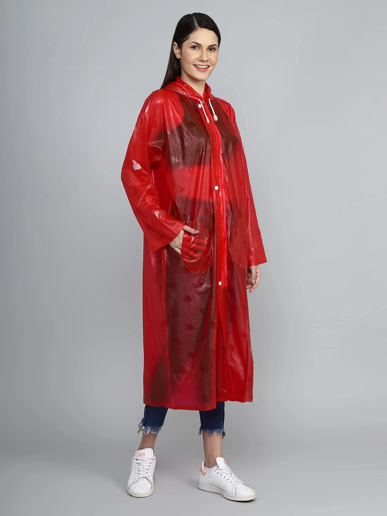 THE CLOWNFISH Cindrella Series Womens Waterproof PVC Self Design Longcoat/Raincoat with Adjustable Hood (Red, X-Large)